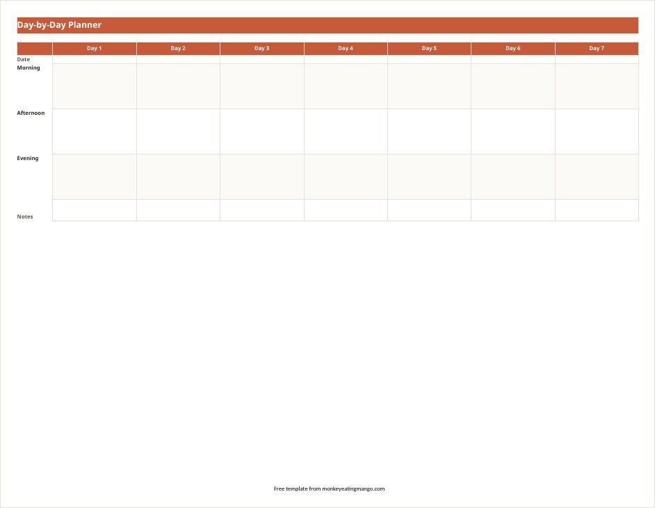 Day-by-day planner grid with a column for each day