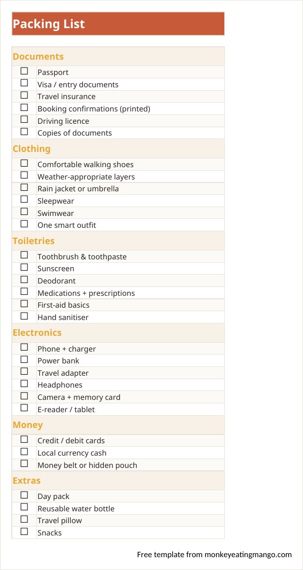 Excel packing list tab with checkbox cells across six categories