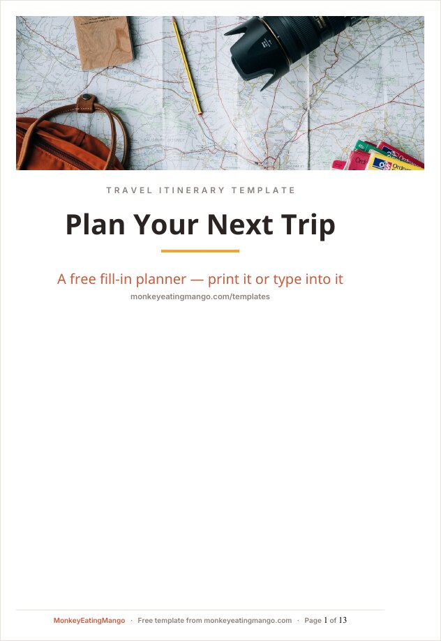 Word travel itinerary template cover page