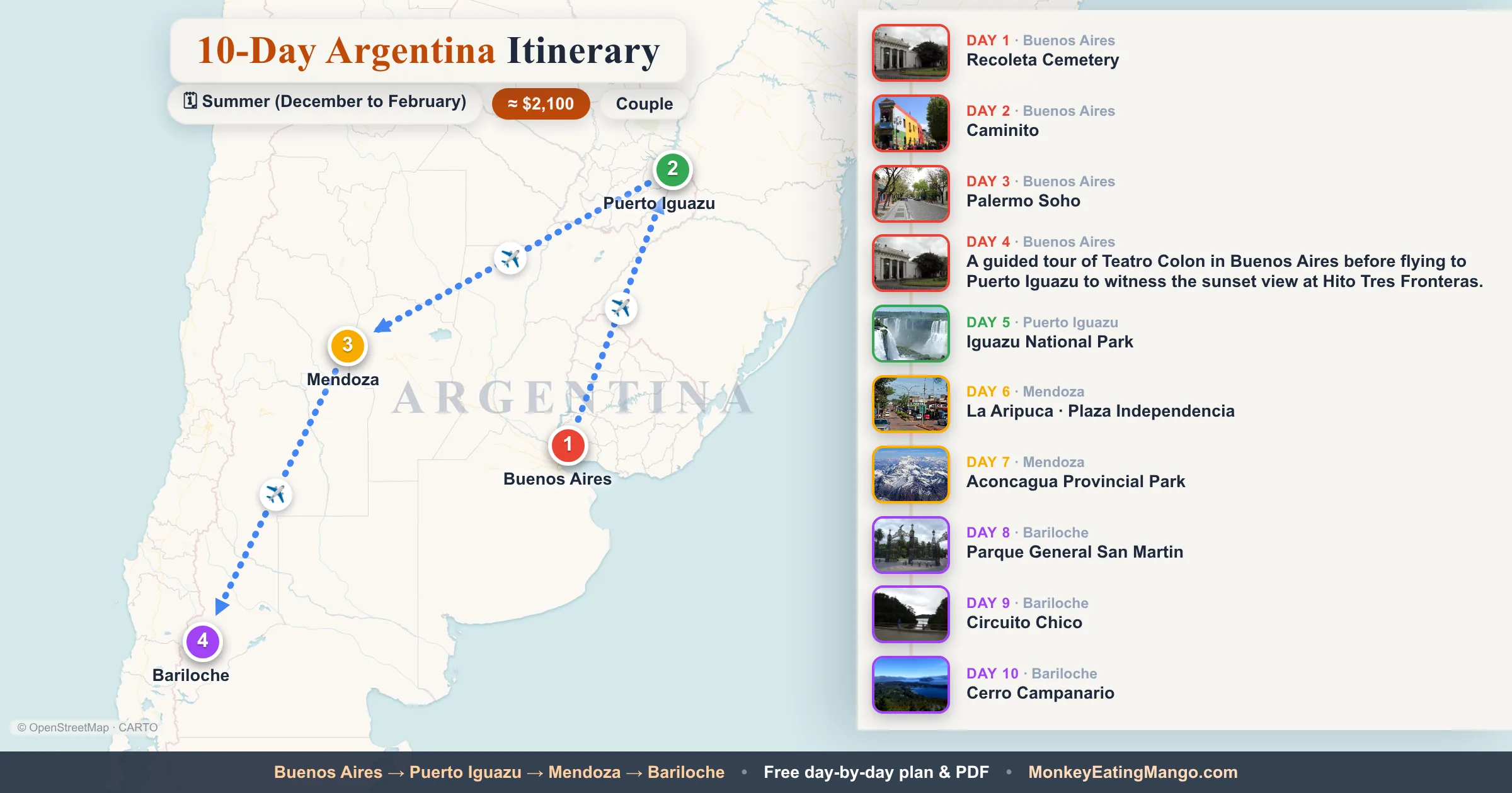10-day Argentina itinerary map: Recoleta Cemetery, Caminito, Palermo Soho