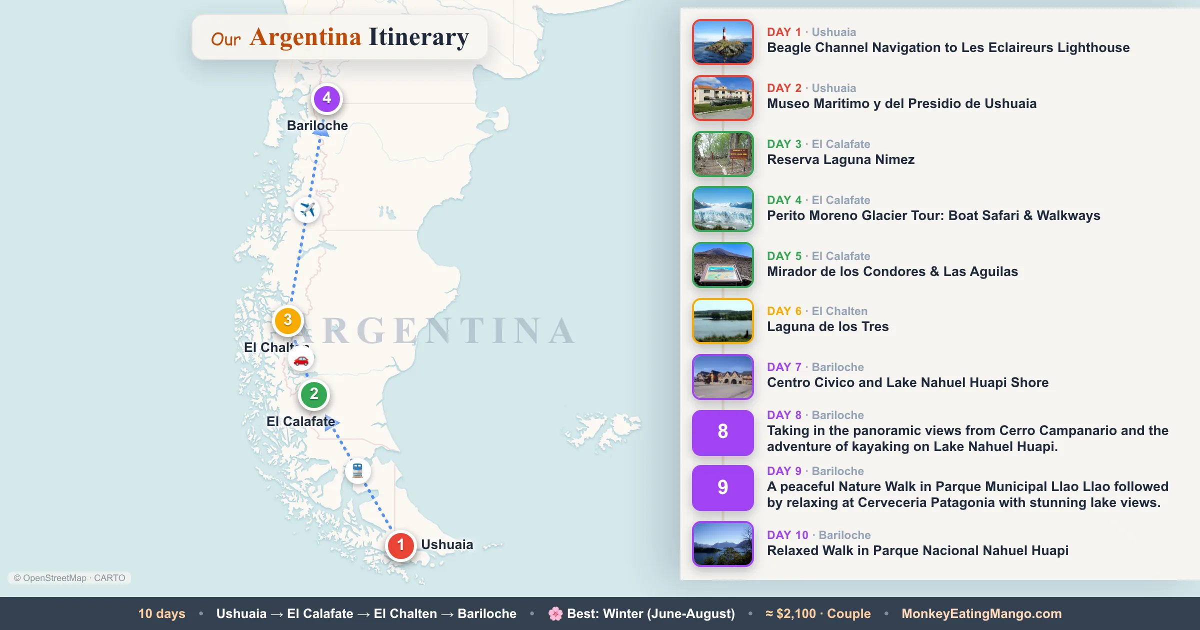 10-day Argentina itinerary map: Beagle Channel Navigation to Les Eclaireurs Lighthouse, Museo Maritimo y del Presidio de Ushuaia, Reserva Laguna Nimez