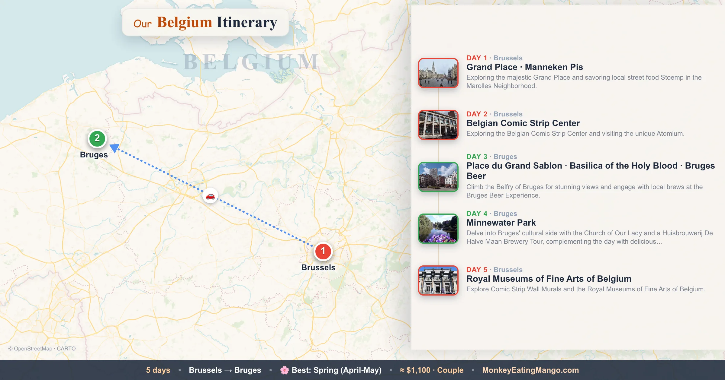 5-day Belgium itinerary map: Grand Place, Belgian Comic Strip Center, Royal Museums of Fine Arts of Belgium