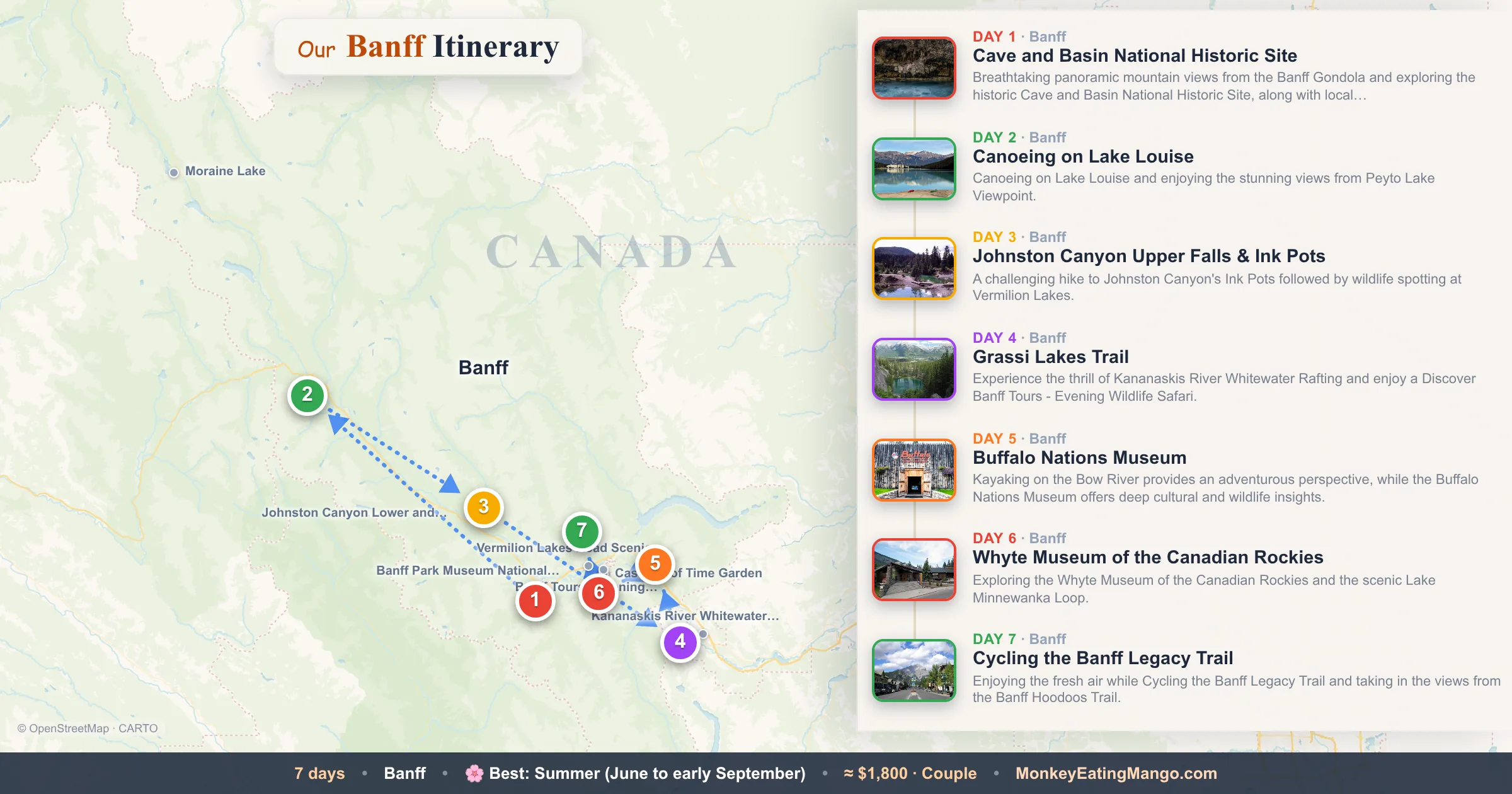 7-day Banff itinerary map: Cave and Basin National Historic Site, Canoeing on Lake Louise, Johnston Canyon Upper Falls & Ink Pots