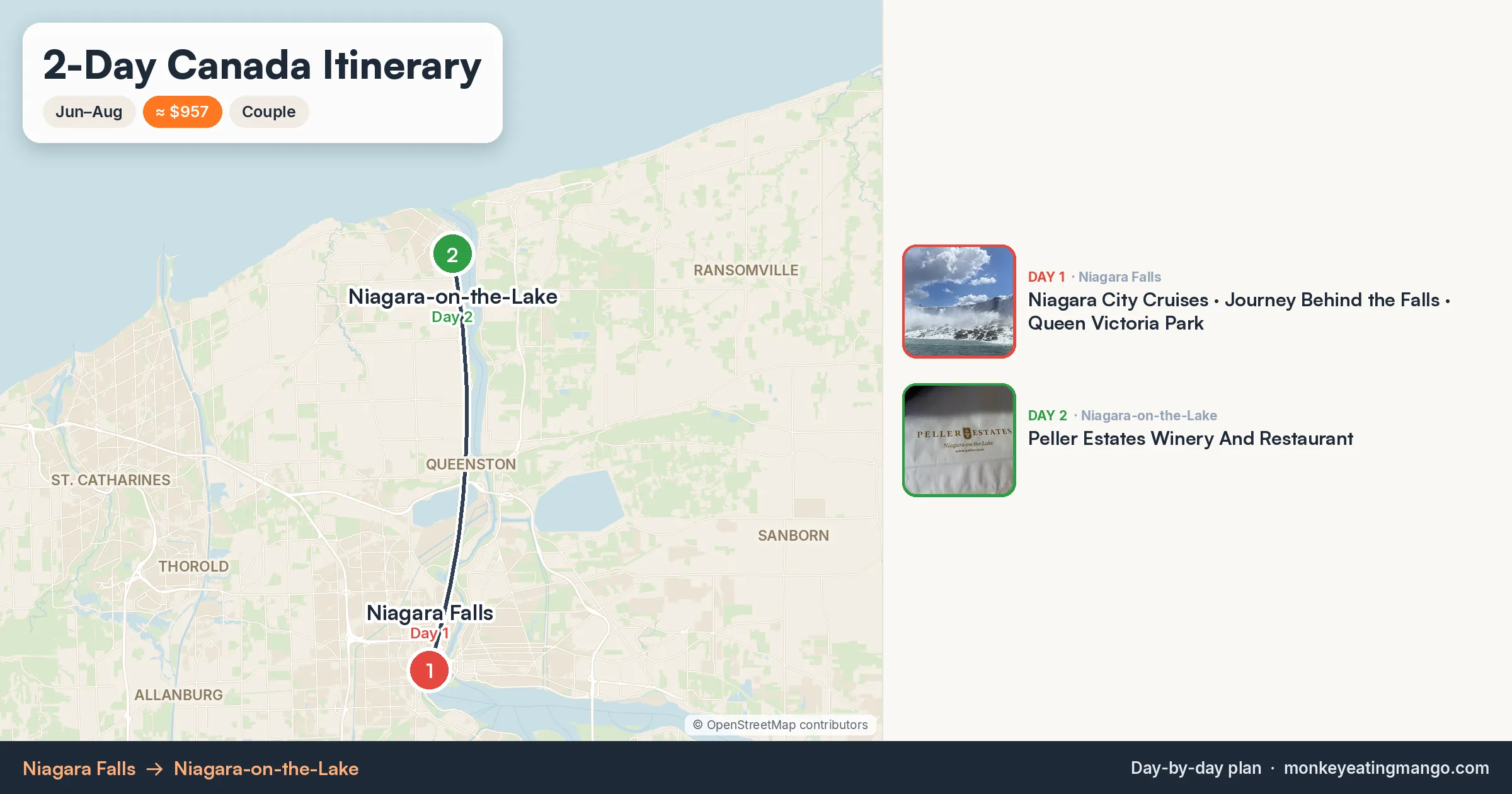 2-day Canada itinerary map: Niagara City Cruises, Journey Behind the Falls, Queen Victoria Park
