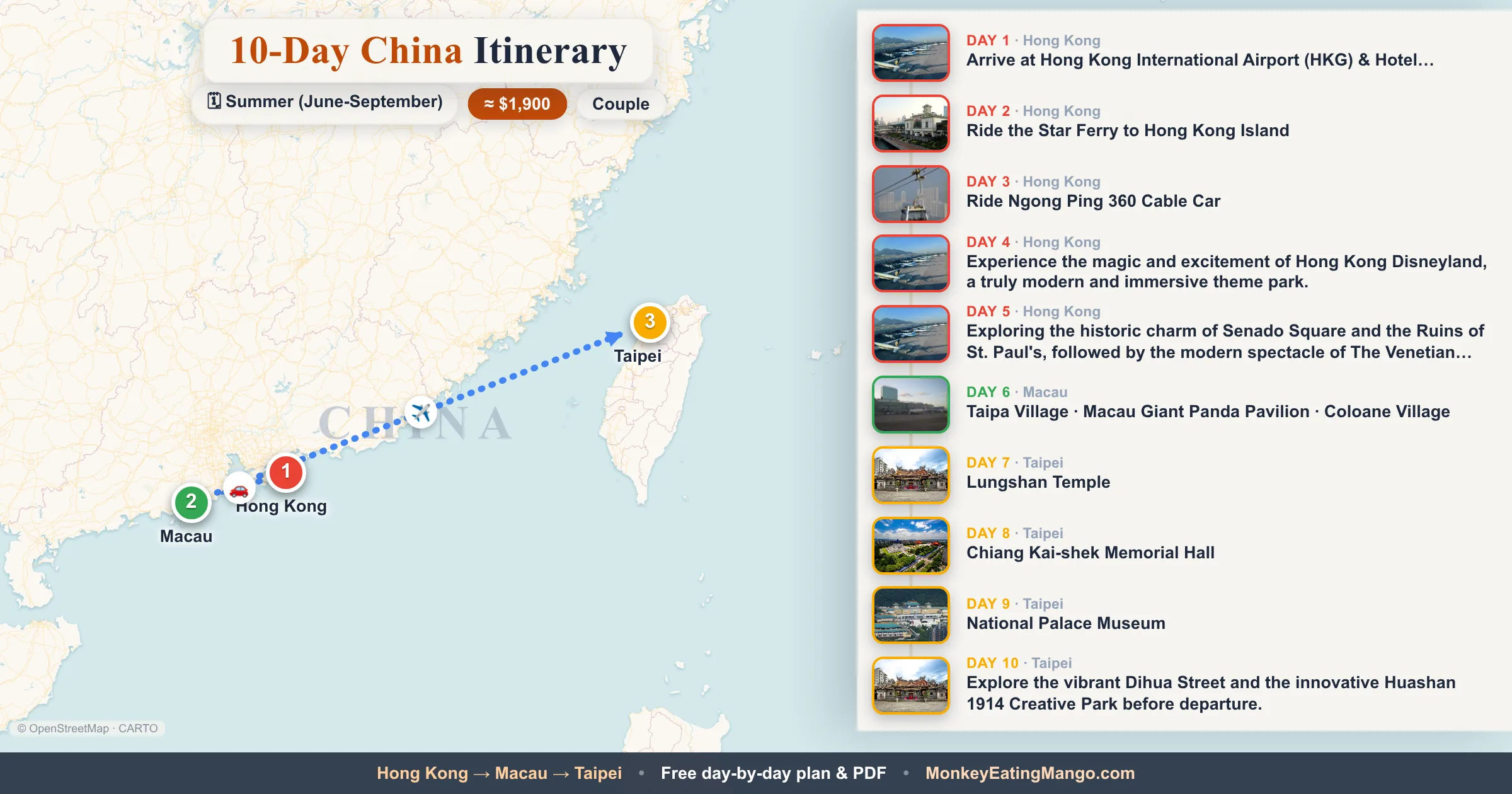 10-day China itinerary map: Arrive at Hong Kong International Airport (HKG) & Hotel…, Ride the Star Ferry to Hong Kong Island, Ride Ngong Ping 360 Cable Car