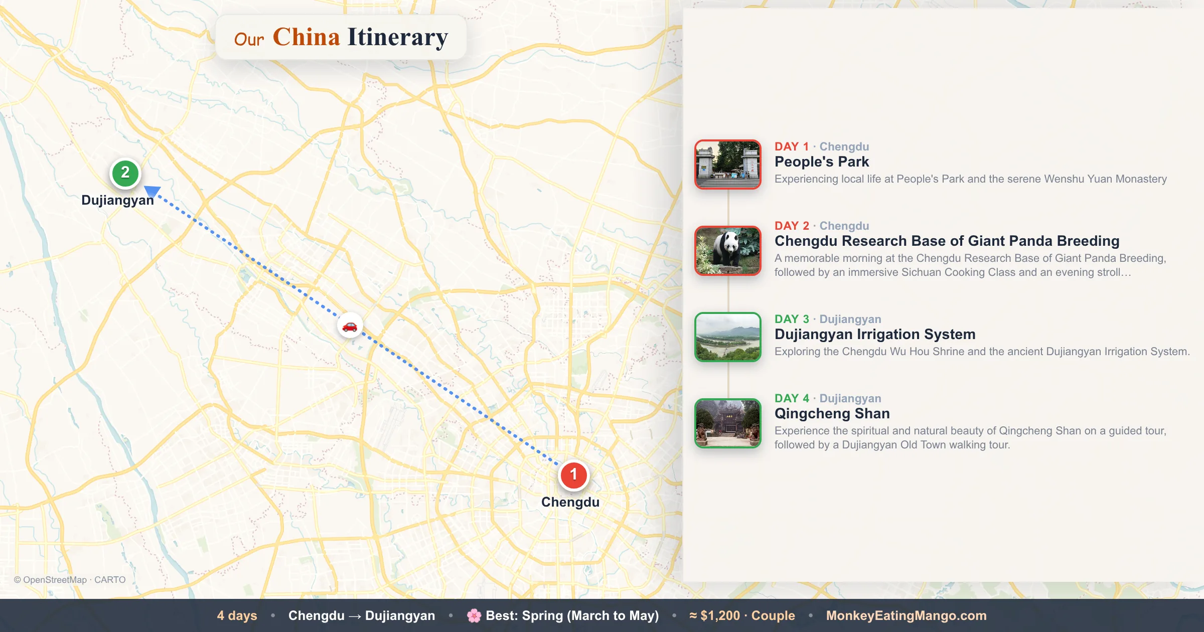 4-day China itinerary map: People's Park, Chengdu Research Base of Giant Panda Breeding, Dujiangyan Irrigation System