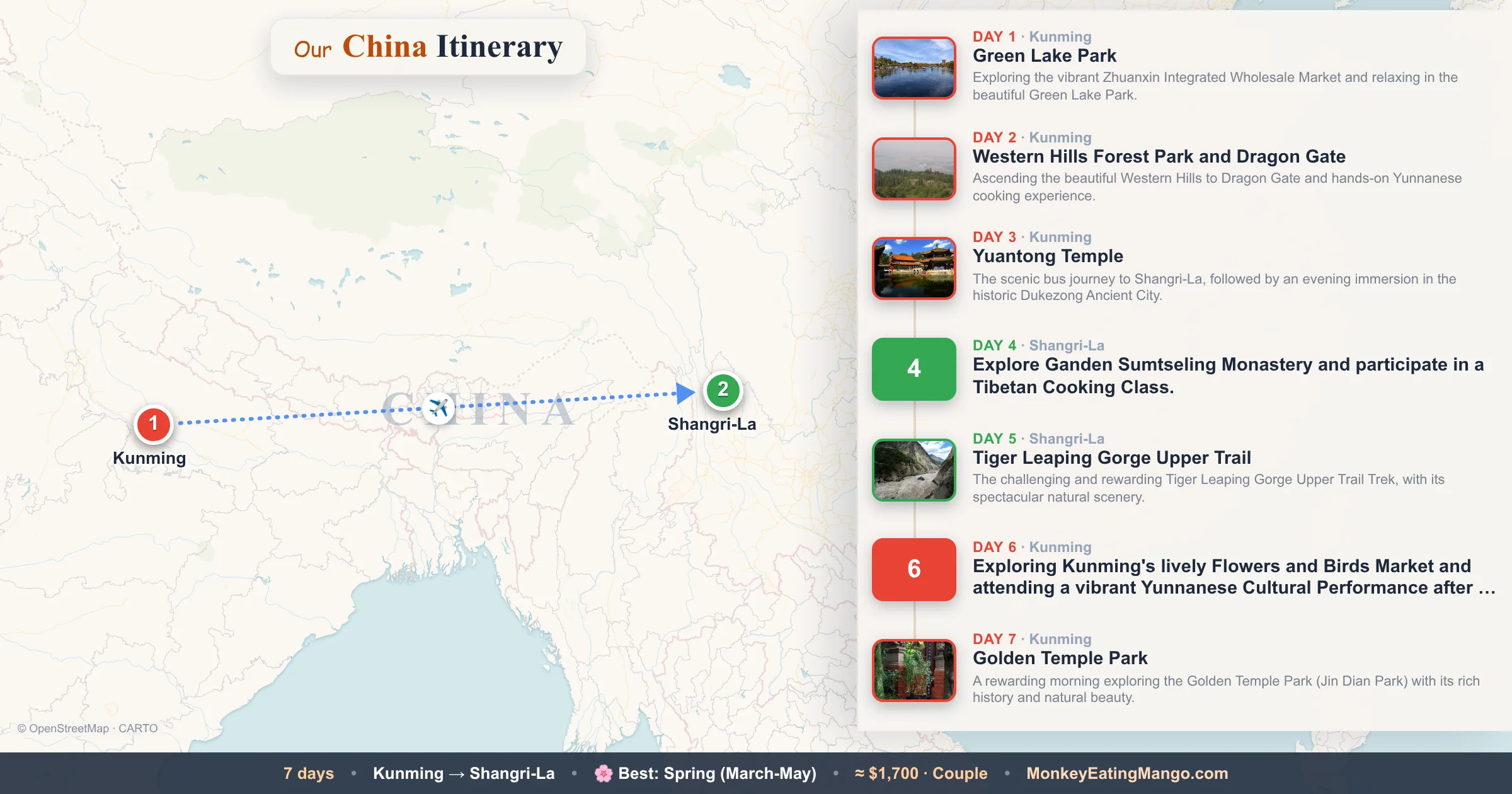 7-day China itinerary map: Green Lake Park, Western Hills Forest Park and Dragon Gate, Yuantong Temple