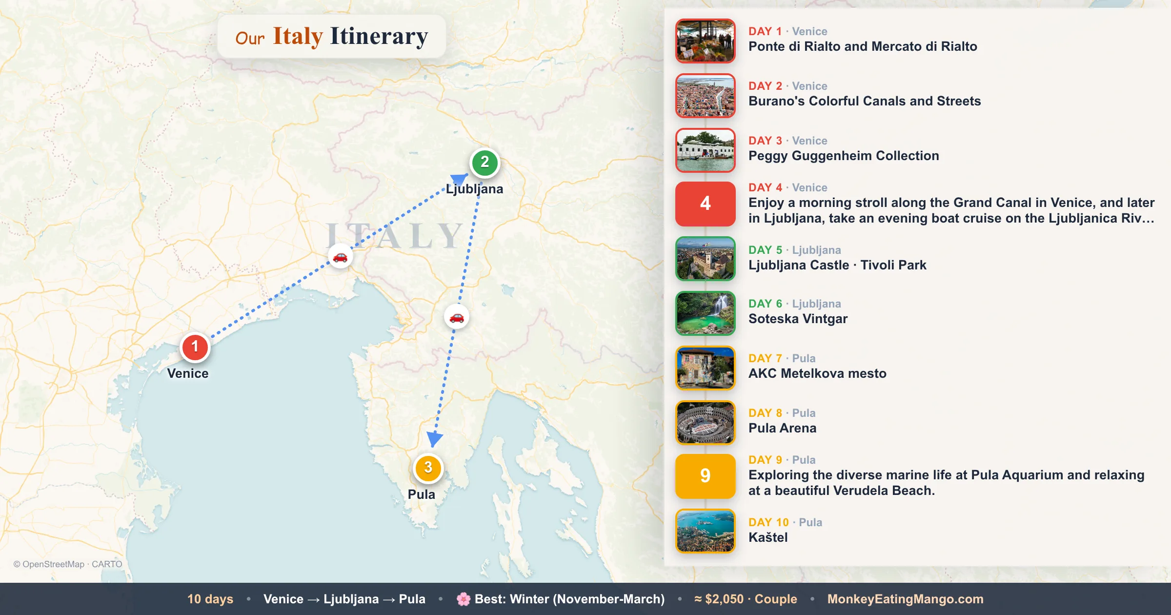 10-day Italy itinerary map: Ponte di Rialto and Mercato di Rialto, Burano's Colorful Canals and Streets, Peggy Guggenheim Collection