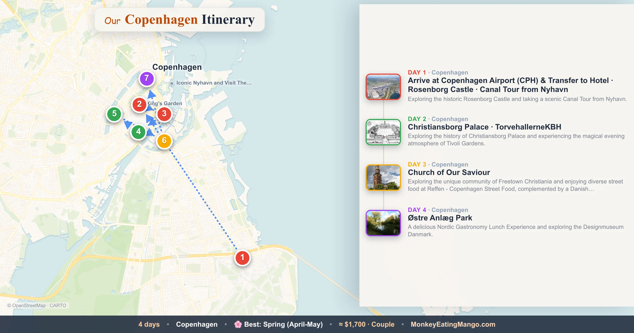 4-day Copenhagen itinerary map: Arrive at Copenhagen Airport (CPH) & Transfer to Hotel, Christiansborg Palace, Church of Our Saviour