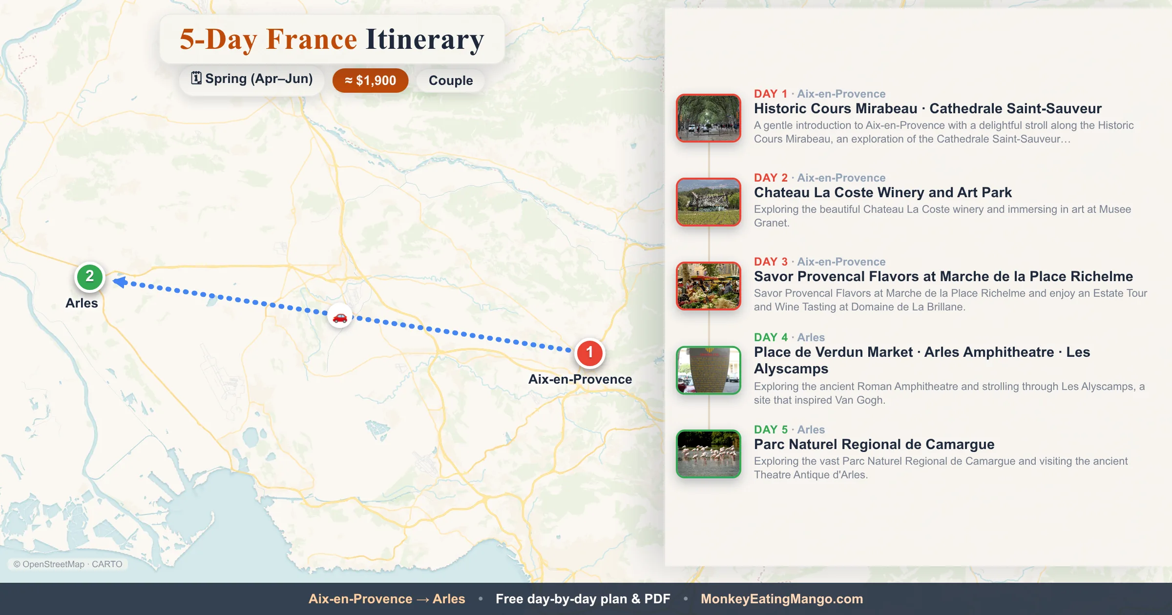 5-day France itinerary map: Historic Cours Mirabeau, Chateau La Coste Winery and Art Park, Savor Provencal Flavors at Marche de la Place Richelme