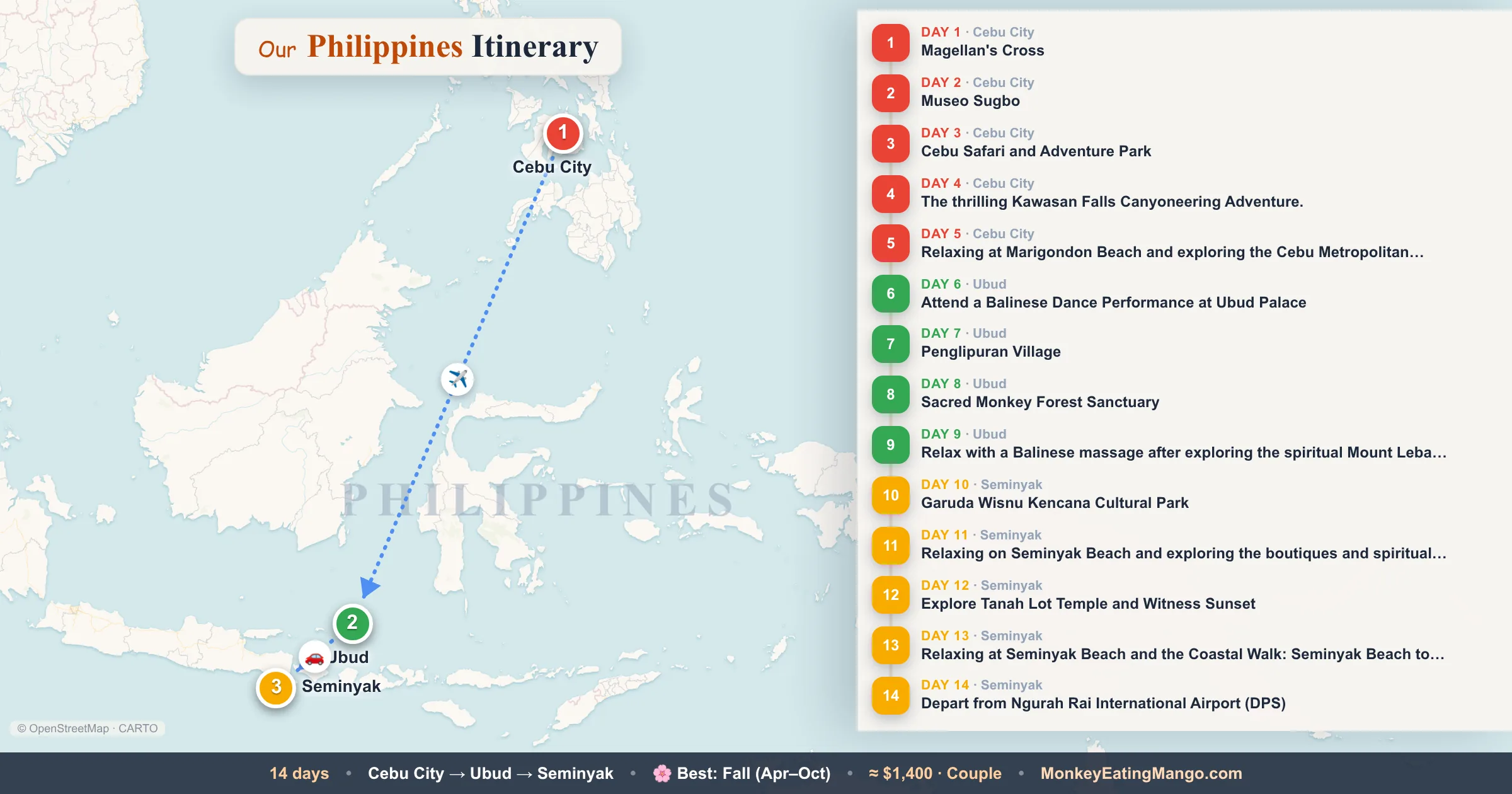 14-day Philippines itinerary map: Magellan's Cross, Museo Sugbo, Cebu Safari and Adventure Park