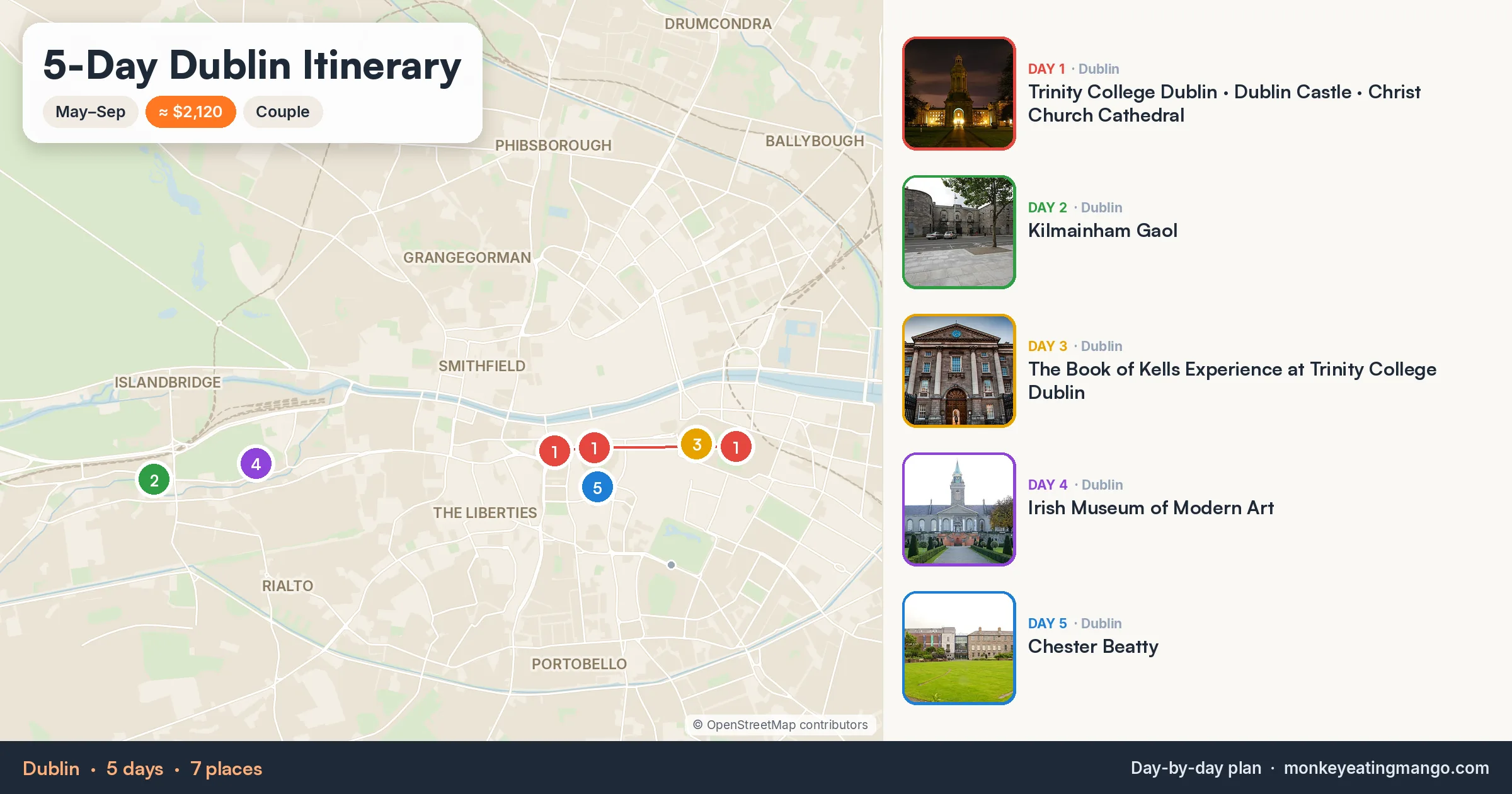 5-day Dublin itinerary map: Trinity College Dublin, Kilmainham Gaol, The Book of Kells Experience at Trinity College Dublin