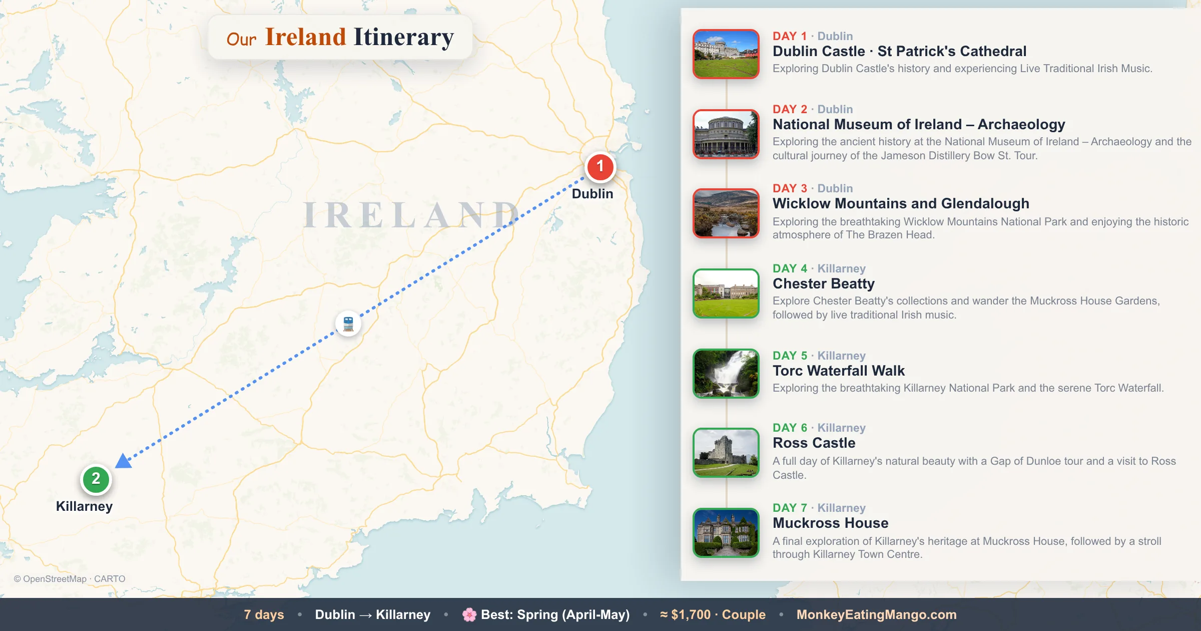 7-day Ireland itinerary map: Dublin Castle, National Museum of Ireland – Archaeology, Wicklow Mountains and Glendalough