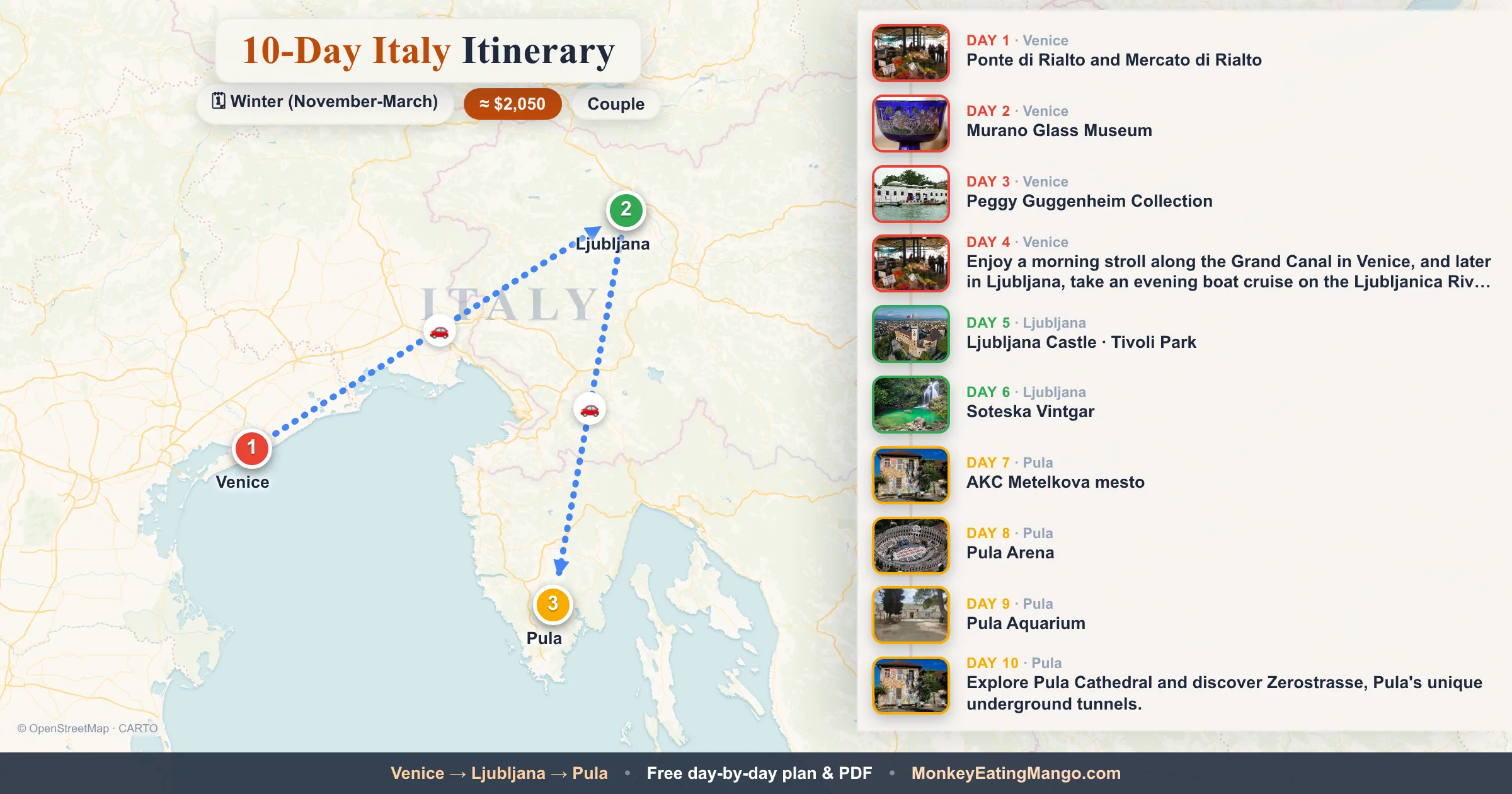 10-day Italy itinerary map: Ponte di Rialto and Mercato di Rialto, Murano Glass Museum, Peggy Guggenheim Collection