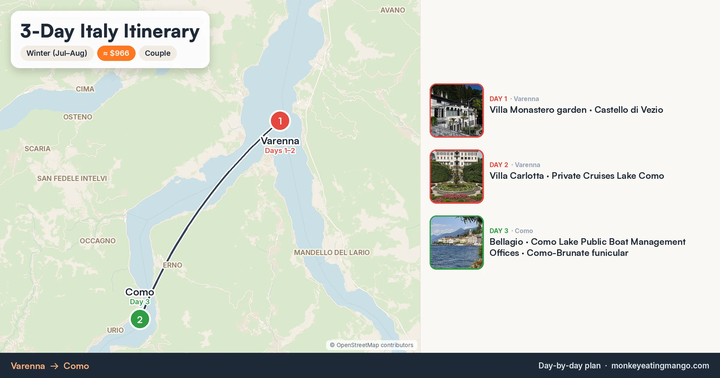 3-day Italy itinerary map: Villa Monastero garden, Villa Carlotta, Castello di Vezio