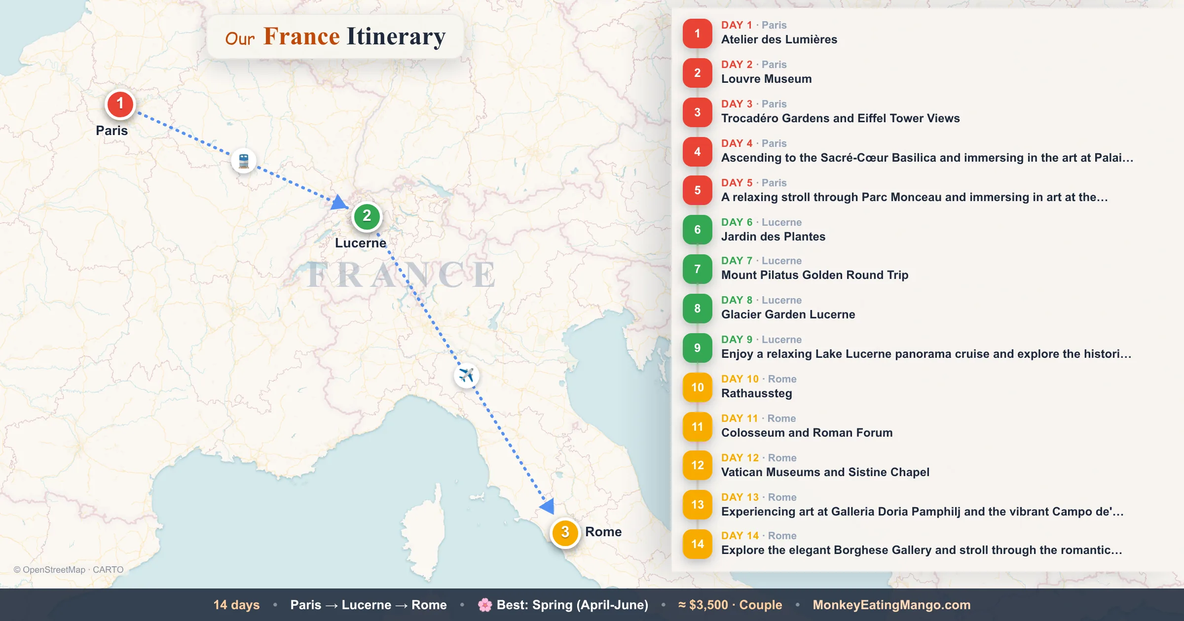 14-day France itinerary map: Atelier des Lumières, Louvre Museum, Trocadéro Gardens and Eiffel Tower Views