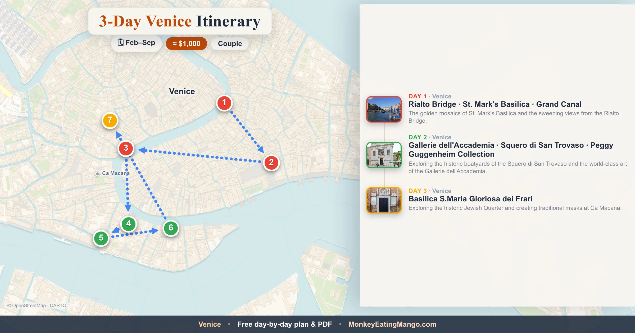 3-day Venice itinerary map: Rialto Bridge, Gallerie dell'Accademia, Basilica S.Maria Gloriosa dei Frari