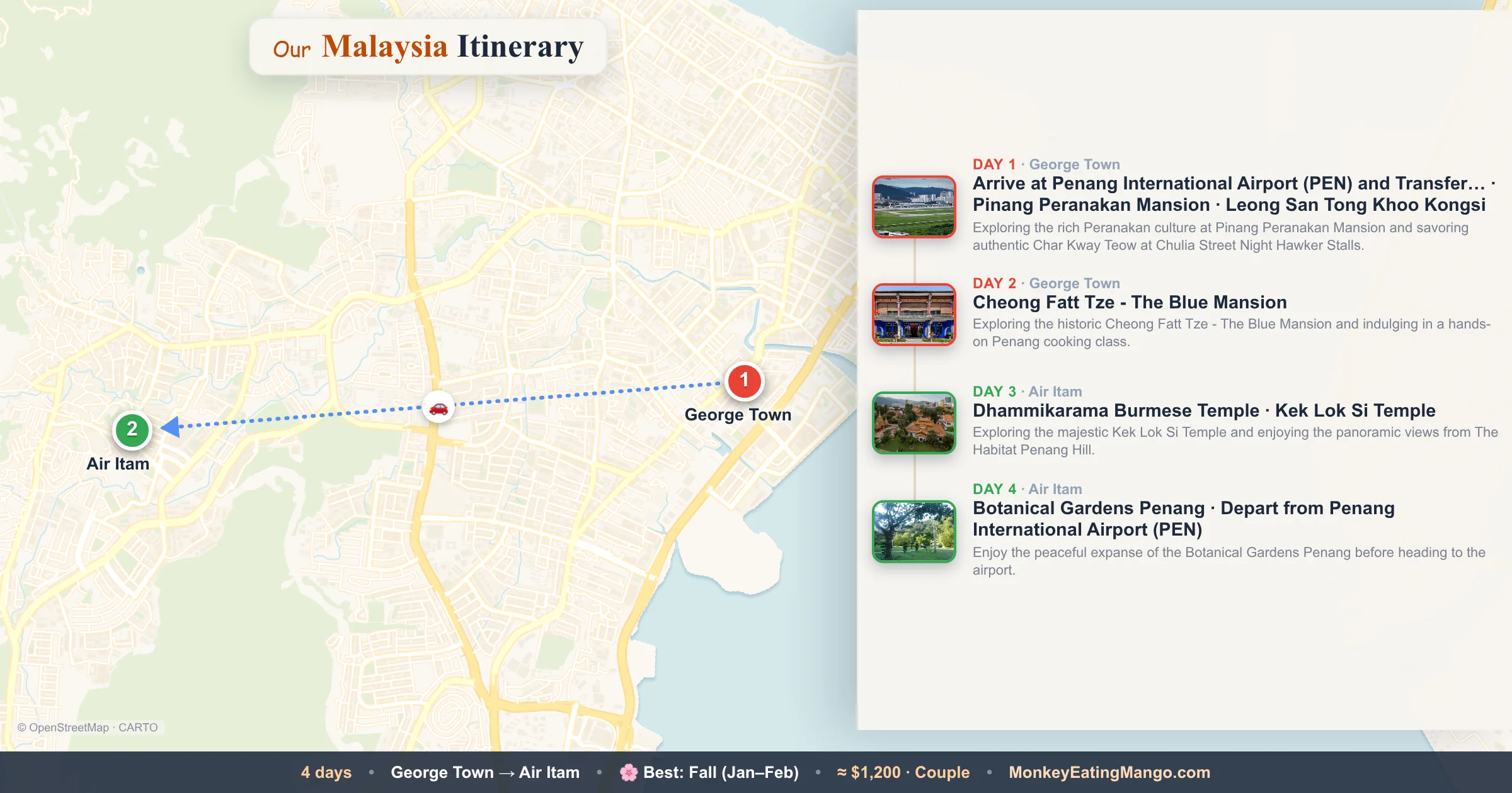 4-day Malaysia itinerary map: Arrive at Penang International Airport (PEN) and Transfer…, Cheong Fatt Tze - The Blue Mansion, Pinang Peranakan Mansion