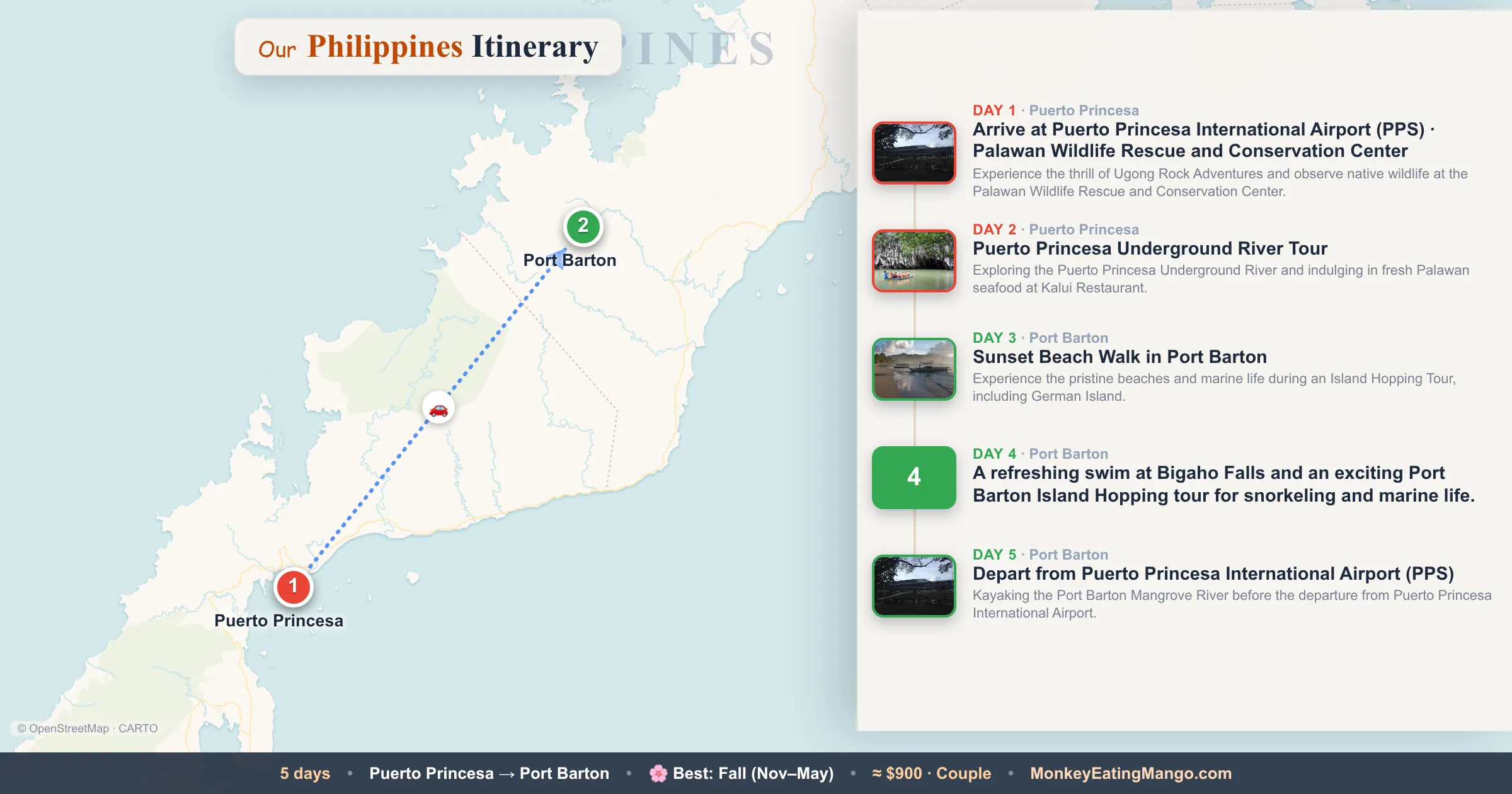 5-day Philippines itinerary map: Arrive at Puerto Princesa International Airport (PPS), Puerto Princesa Underground River Tour, Palawan Wildlife Rescue and Cons