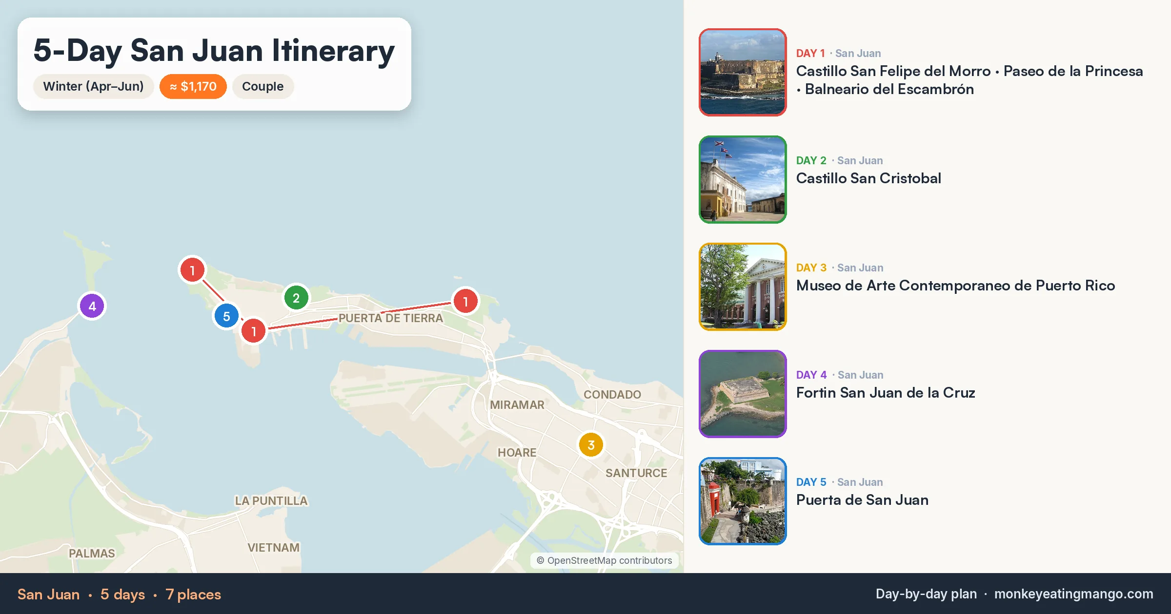 5-day San Juan itinerary map: Castillo San Felipe del Morro, Castillo San Cristobal, Museo de Arte Contemporaneo de Puerto Rico