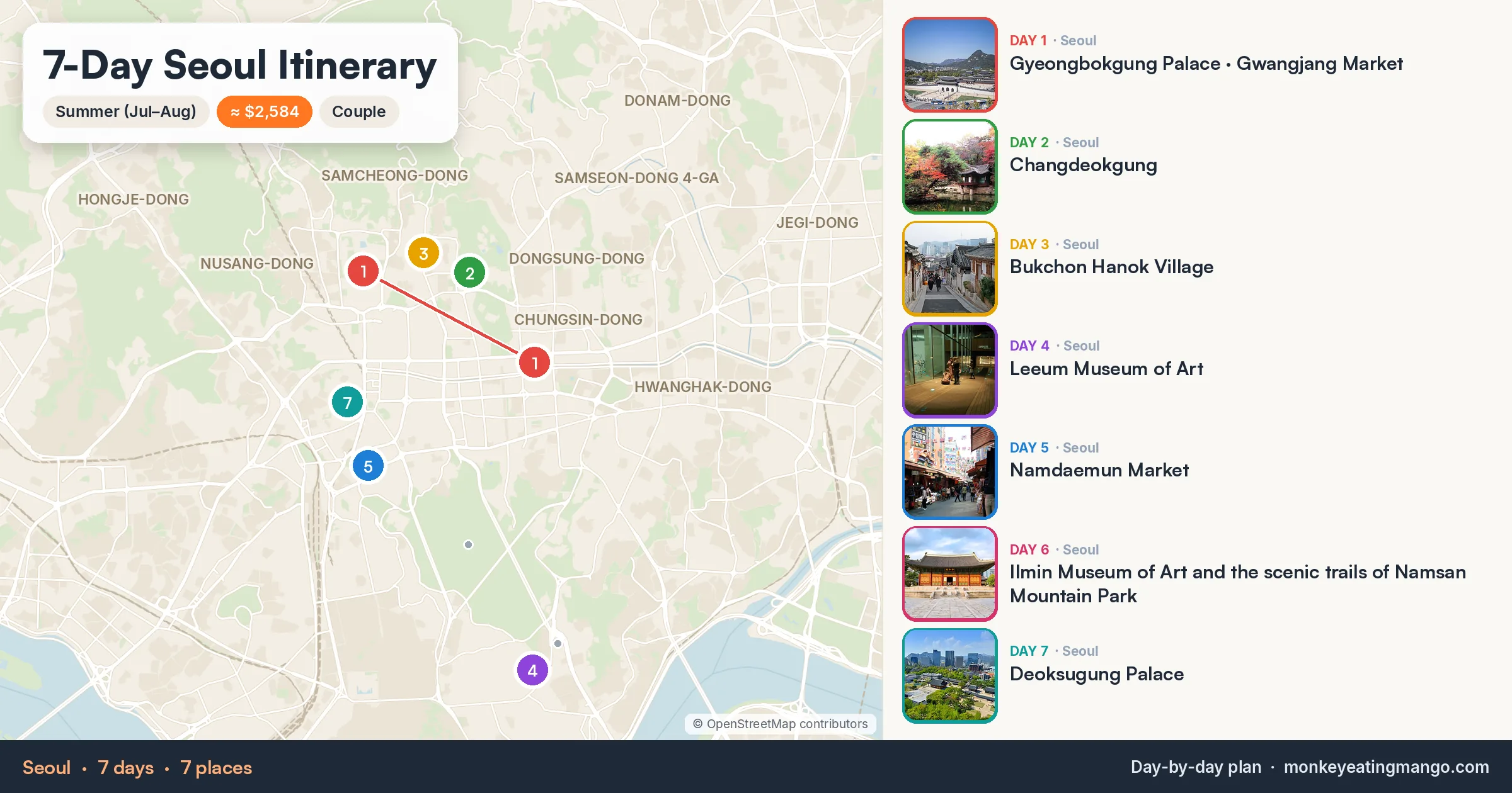 7-day Seoul itinerary map: Gyeongbokgung Palace, Changdeokgung, Bukchon Hanok Village