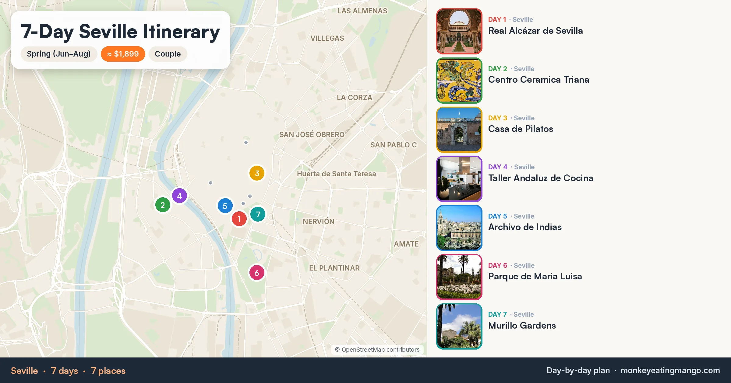 7-day Seville itinerary map: Real Alcázar de Sevilla, Centro Ceramica Triana, Casa de Pilatos