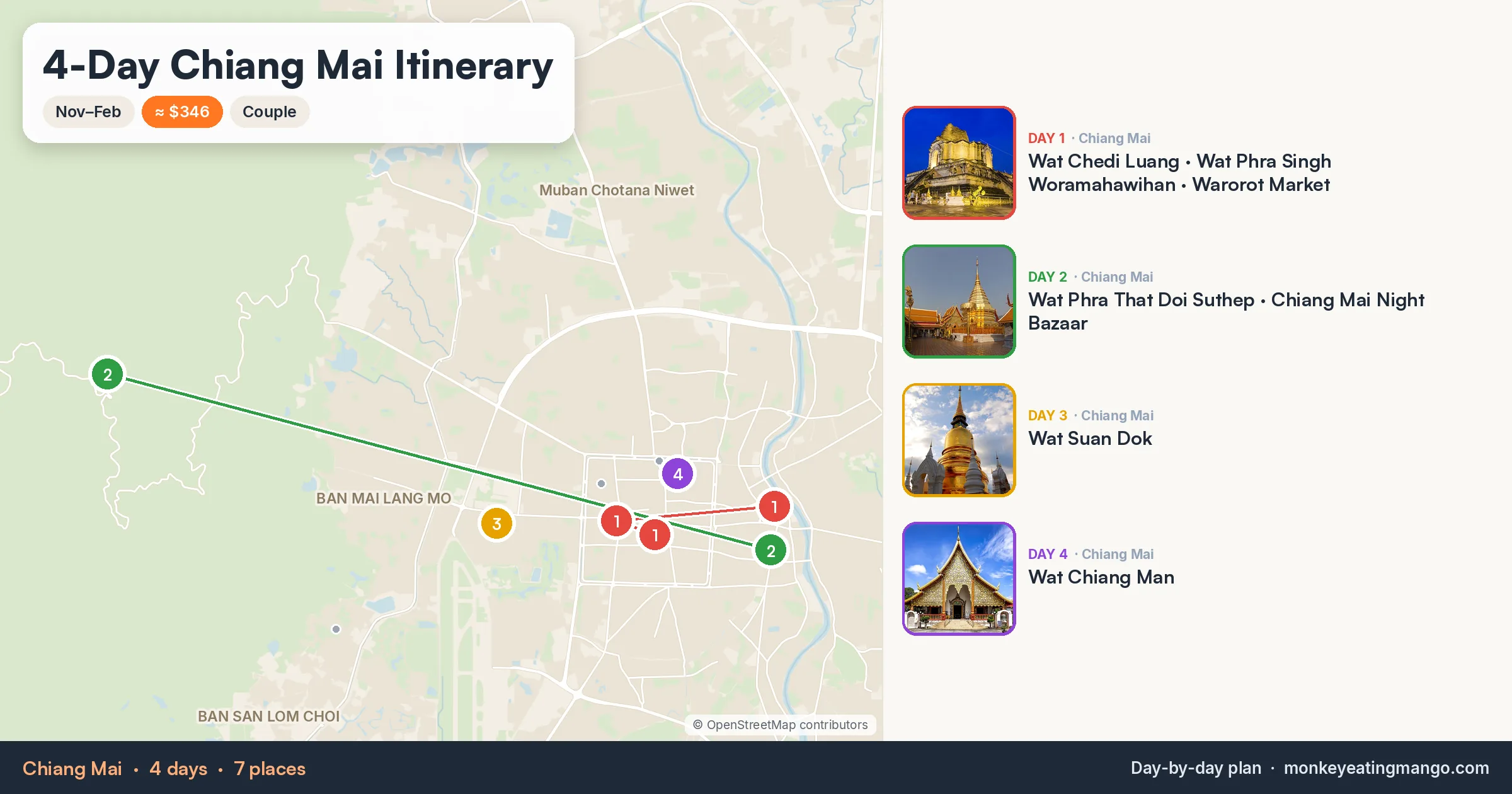 4-day Chiang Mai itinerary map: Wat Chedi Luang, Wat Phra That Doi Suthep, Wat Suan Dok