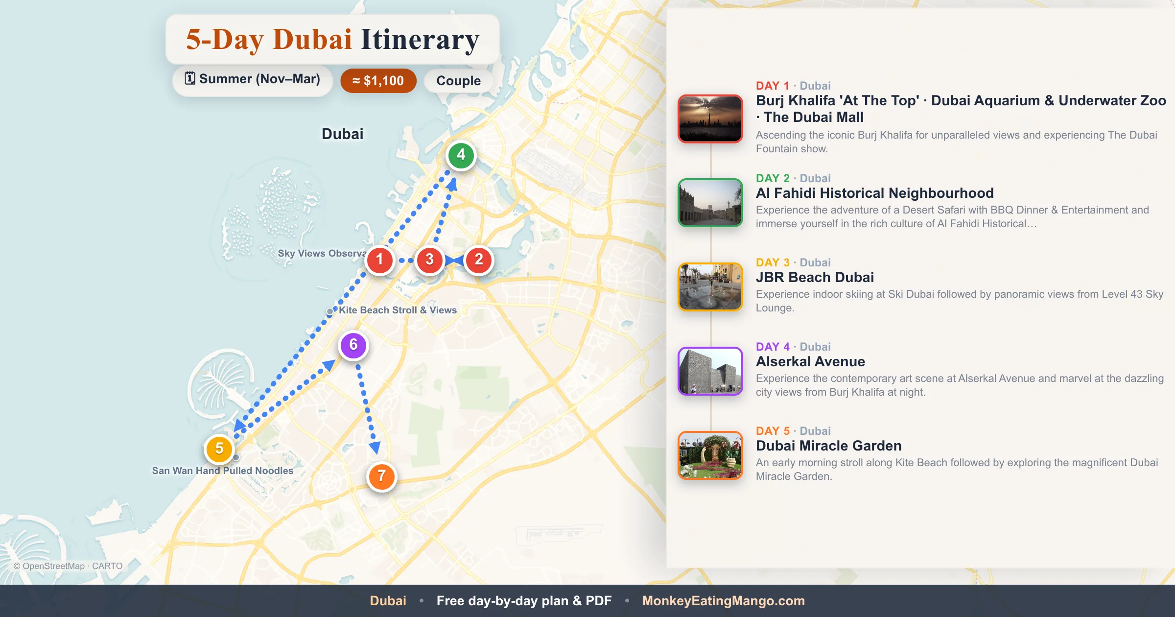 5-day Dubai itinerary map: Burj Khalifa 'At The Top', Al Fahidi Historical Neighbourhood, JBR Beach Dubai