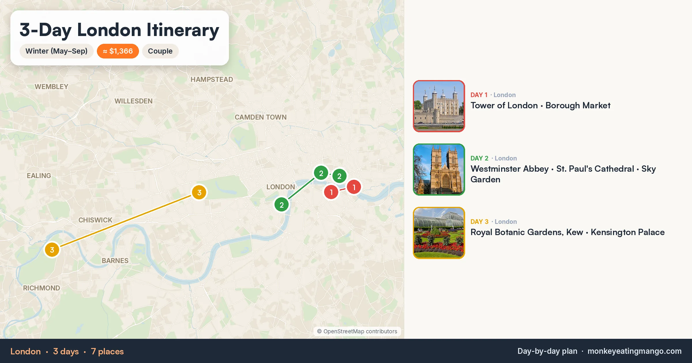 3-day London itinerary map: Tower of London, Westminster Abbey, Royal Botanic Gardens, Kew