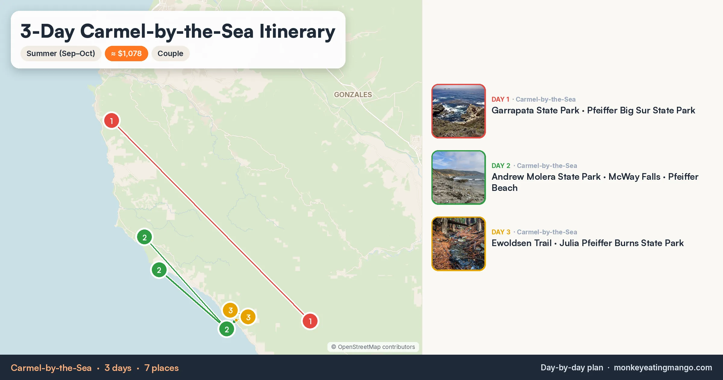 3-day Carmel-by-the-Sea itinerary map: Garrapata State Park, Andrew Molera State Park, Ewoldsen Trail