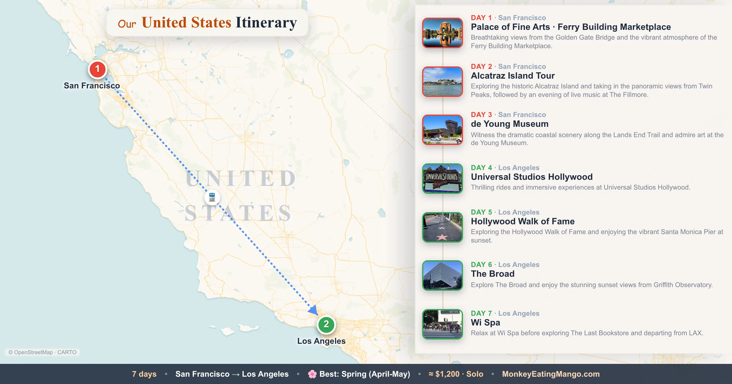 7-day United States itinerary map: Palace of Fine Arts, Alcatraz Island Tour, de Young Museum