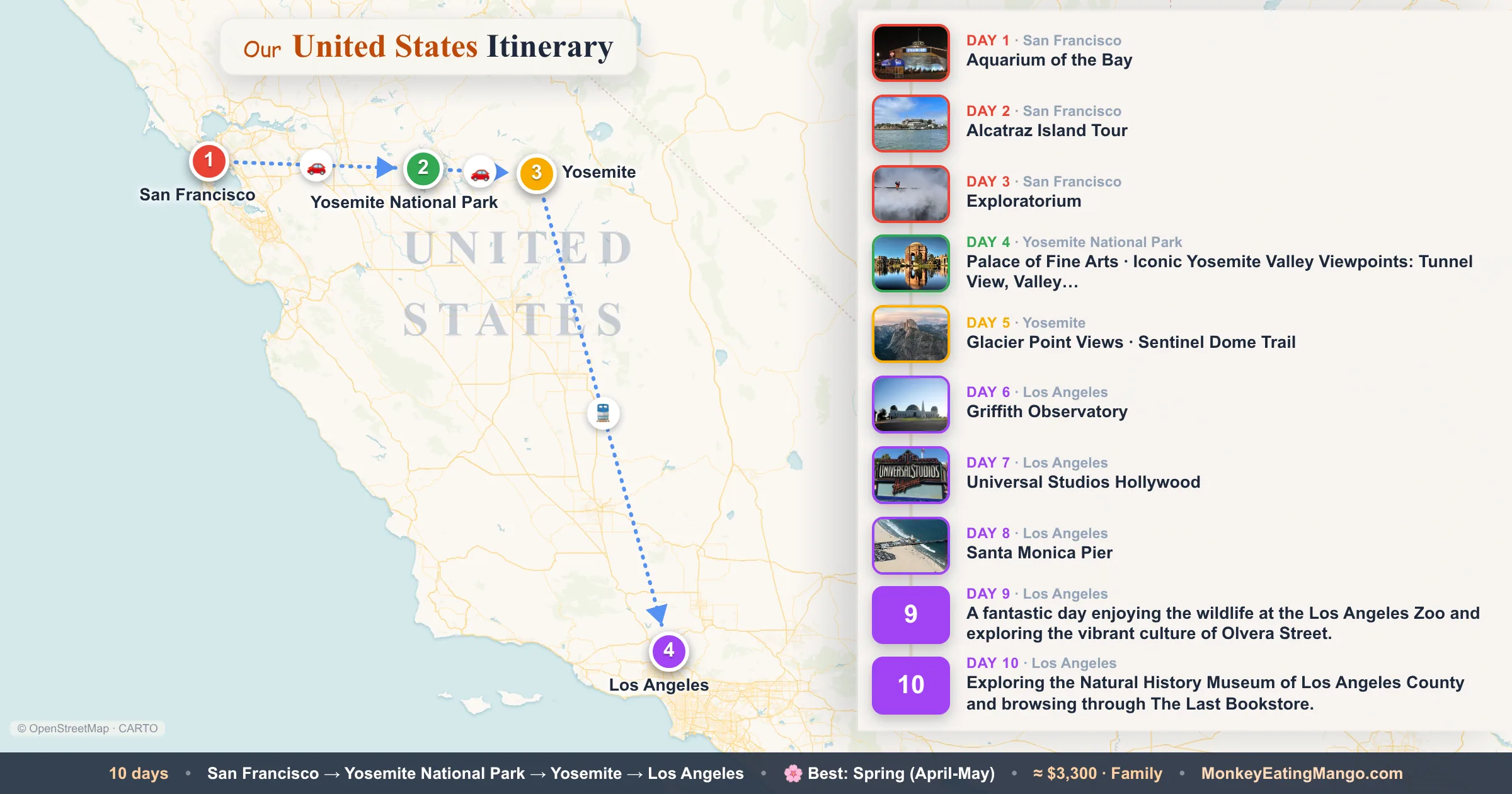 10-day United States itinerary map: Aquarium of the Bay, Alcatraz Island Tour, Exploratorium