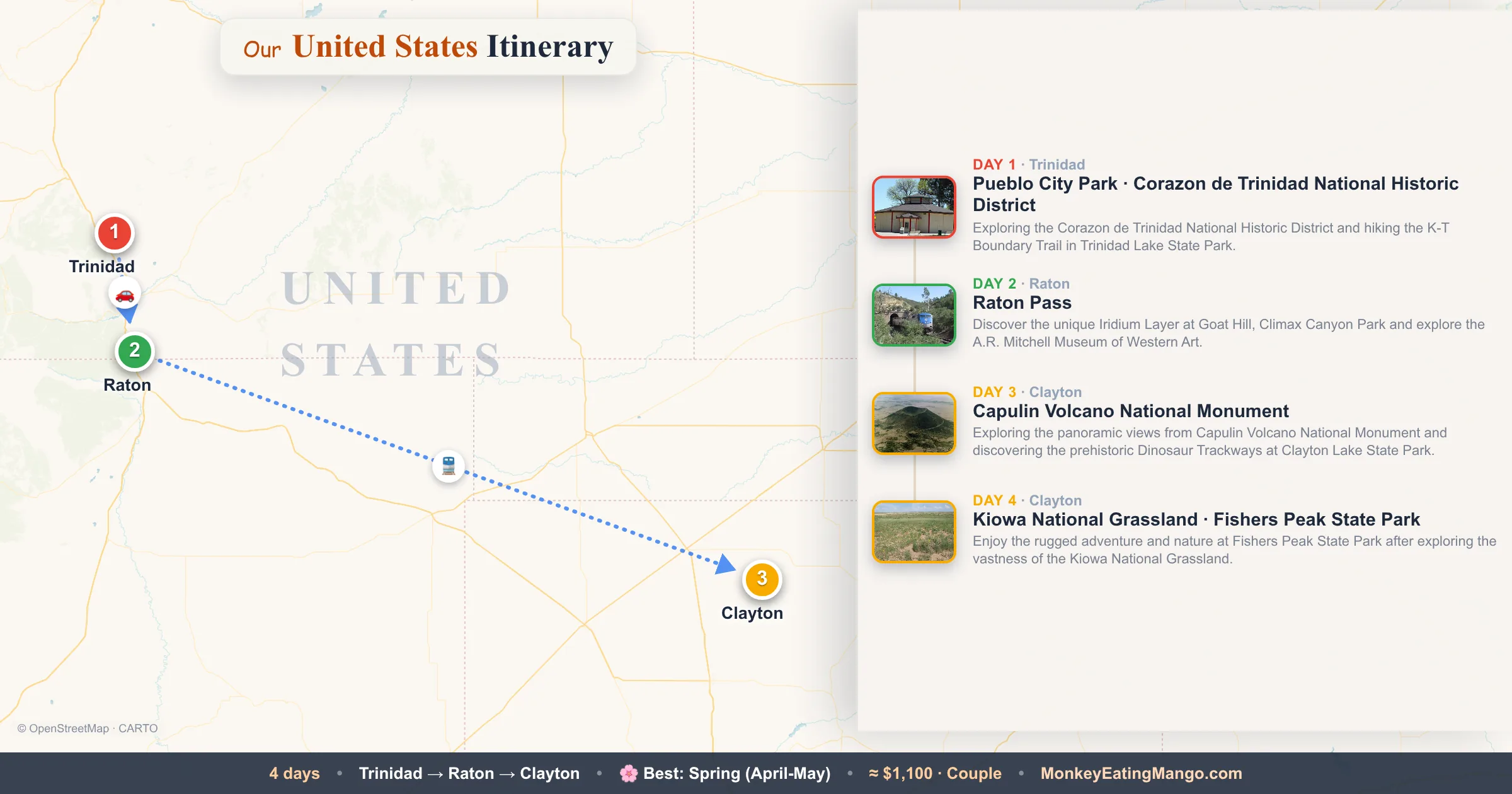 4-day United States itinerary map: Pueblo City Park, Corazon de Trinidad National Historic District, Raton Pass