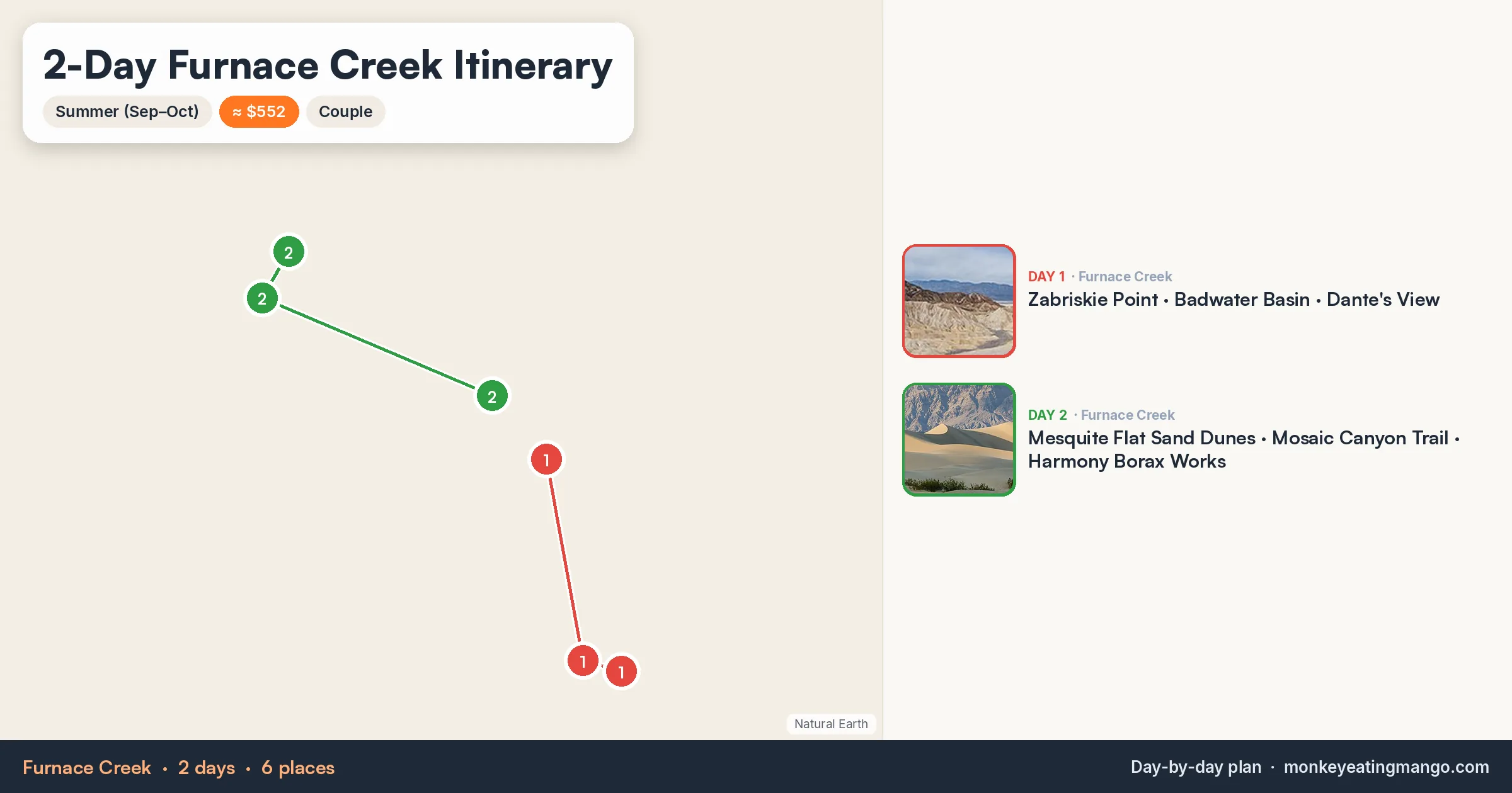 2-day Furnace Creek itinerary map: Zabriskie Point, Mesquite Flat Sand Dunes, Badwater Basin
