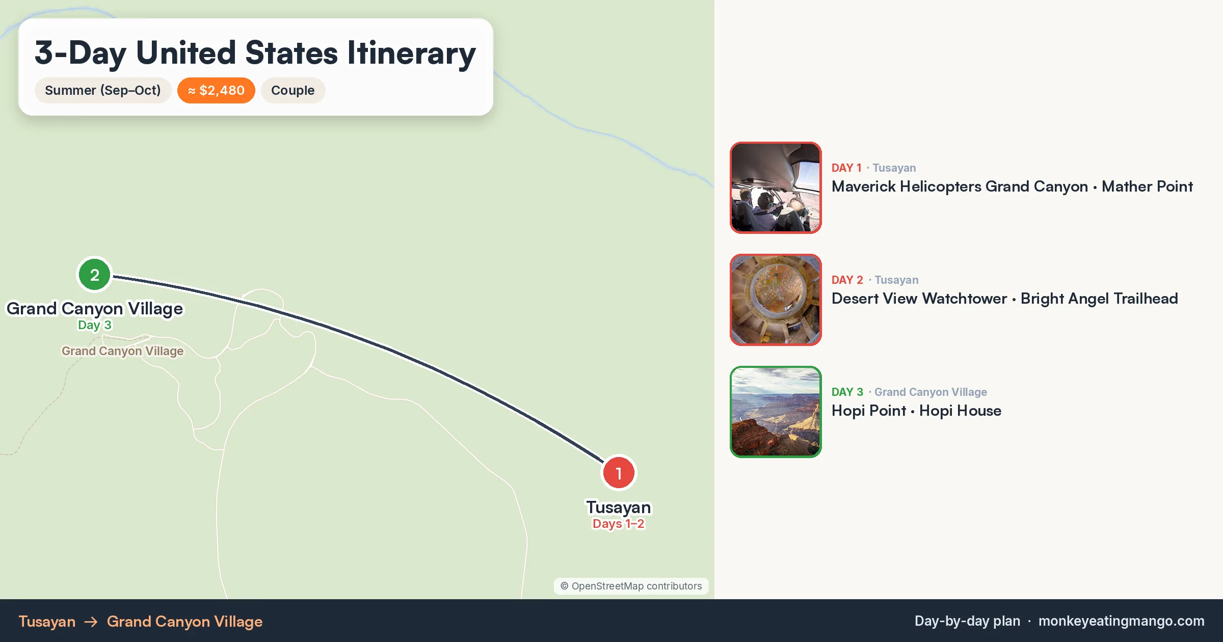 3-day United States itinerary map: Maverick Helicopters Grand Canyon, Desert View Watchtower, Mather Point