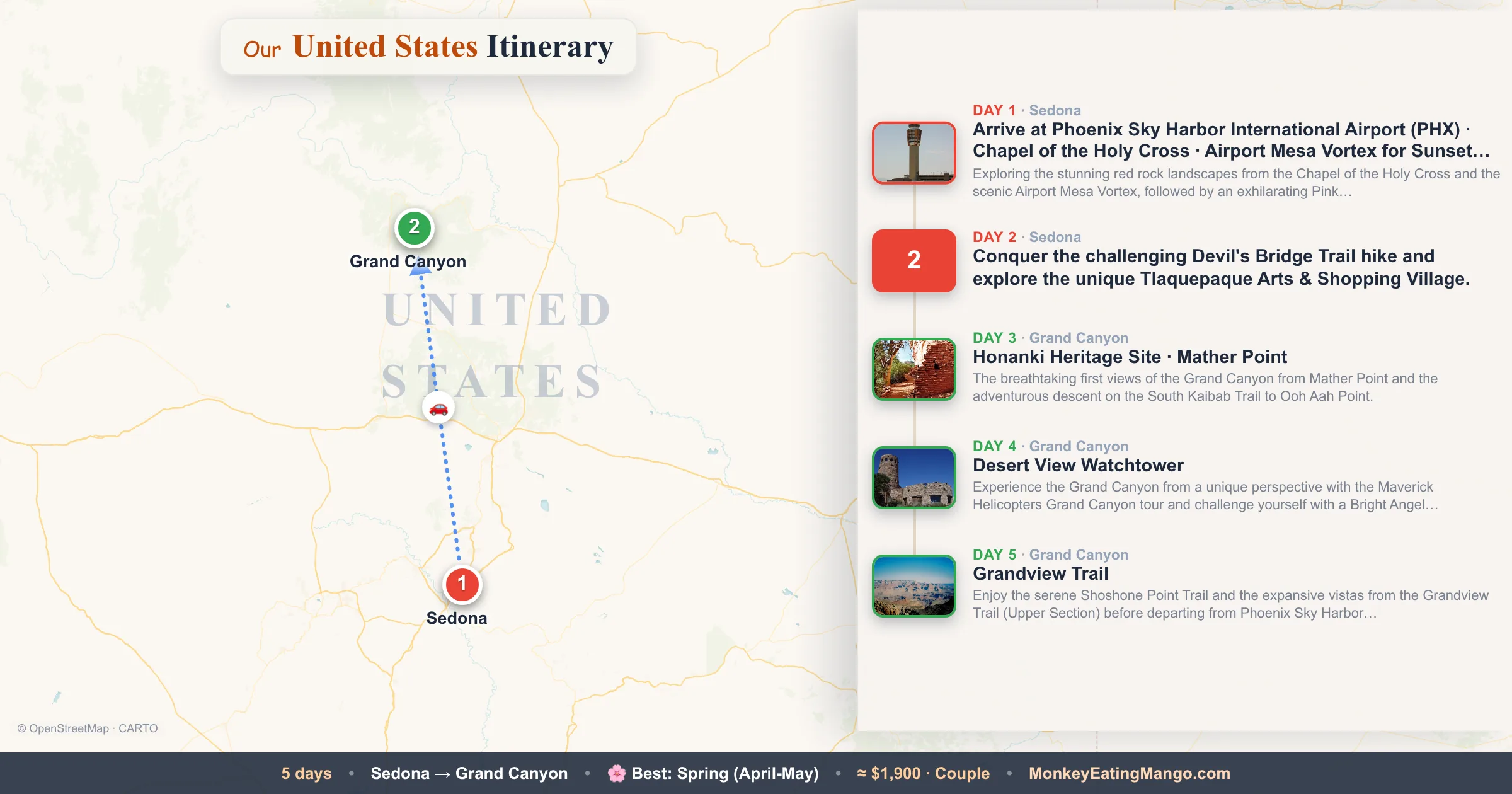 5-day United States itinerary map: Arrive at Phoenix Sky Harbor International Airport (PHX), Chapel of the Holy Cross, Airport Mesa Vortex for Sunset Views
