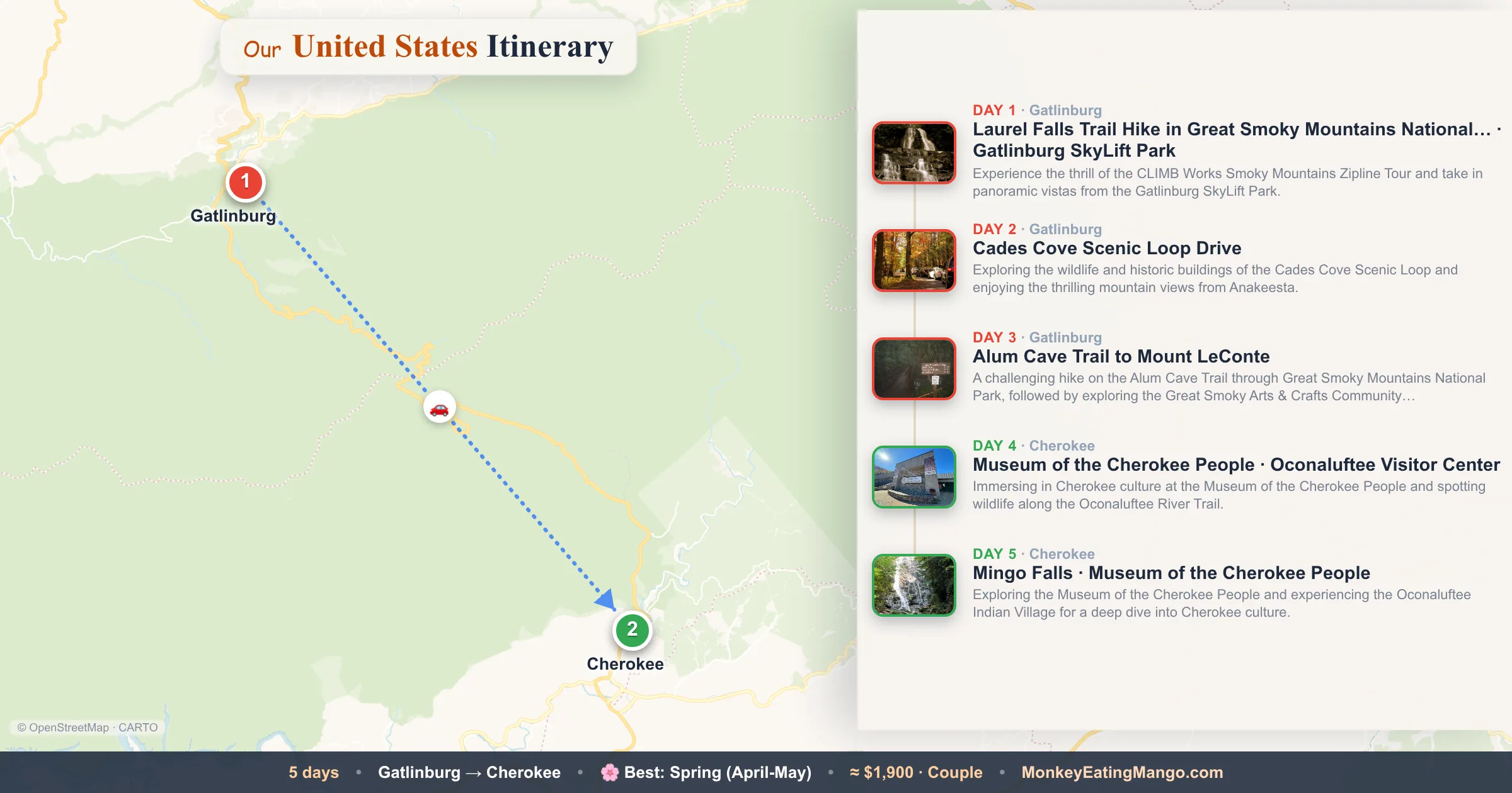 5-day United States itinerary map: Laurel Falls Trail Hike in Great Smoky Mountains National…, Cades Cove Scenic Loop Drive, Alum Cave Trail to Mount LeConte