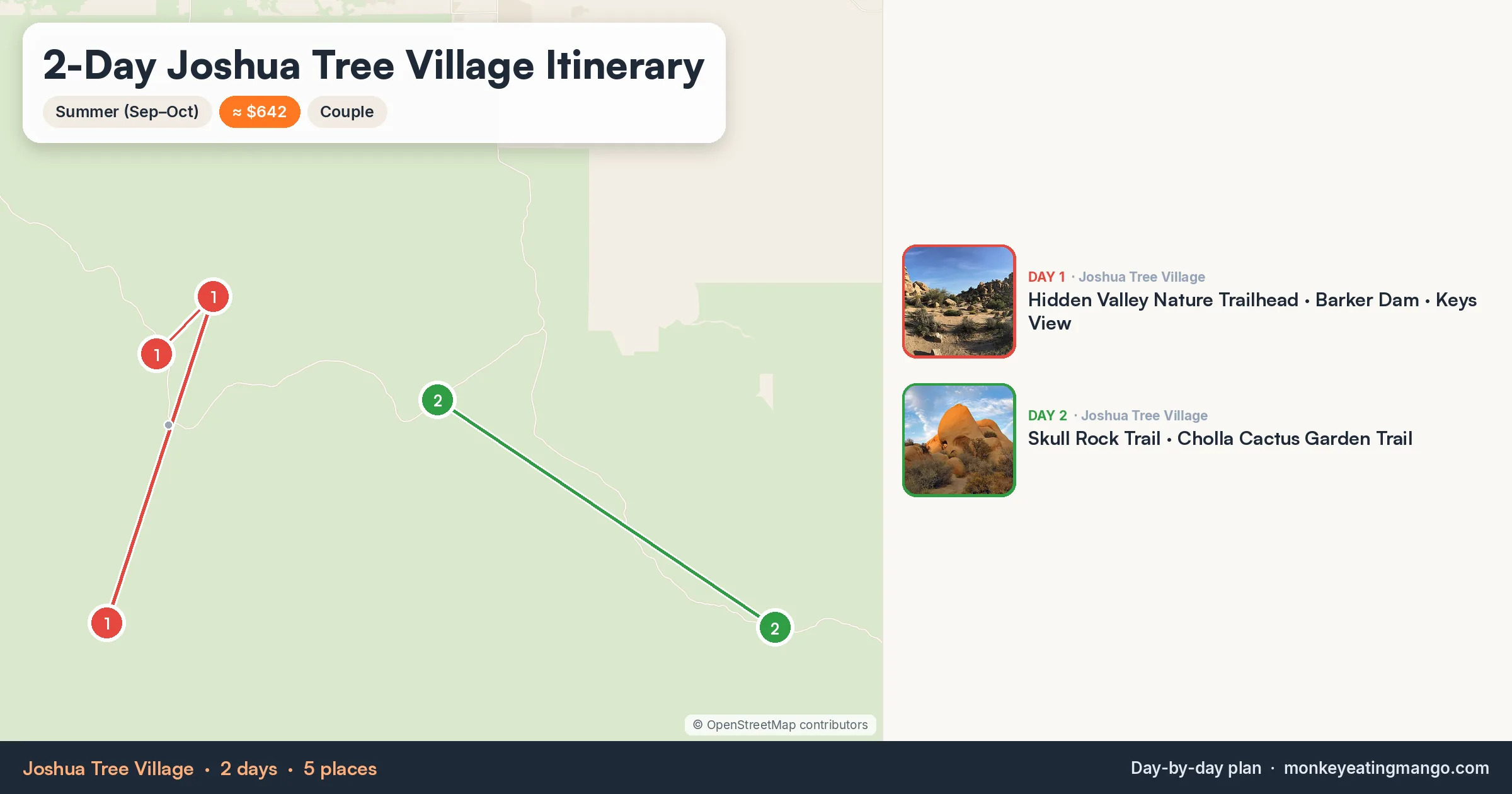 2-day Joshua Tree Village itinerary map: Hidden Valley Nature Trailhead, Skull Rock Trail, Barker Dam