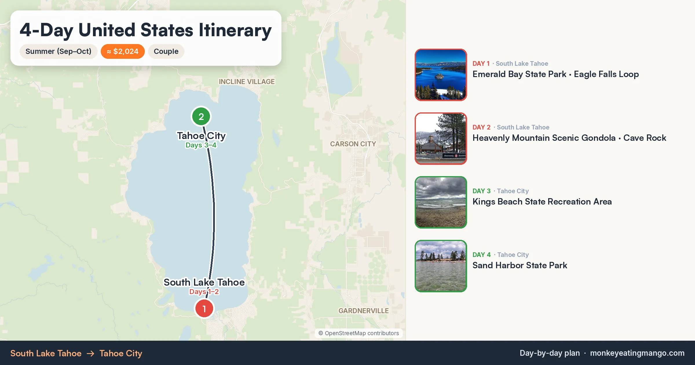 4-day United States itinerary map: Emerald Bay State Park, Heavenly Mountain Scenic Gondola, Eagle Falls Loop