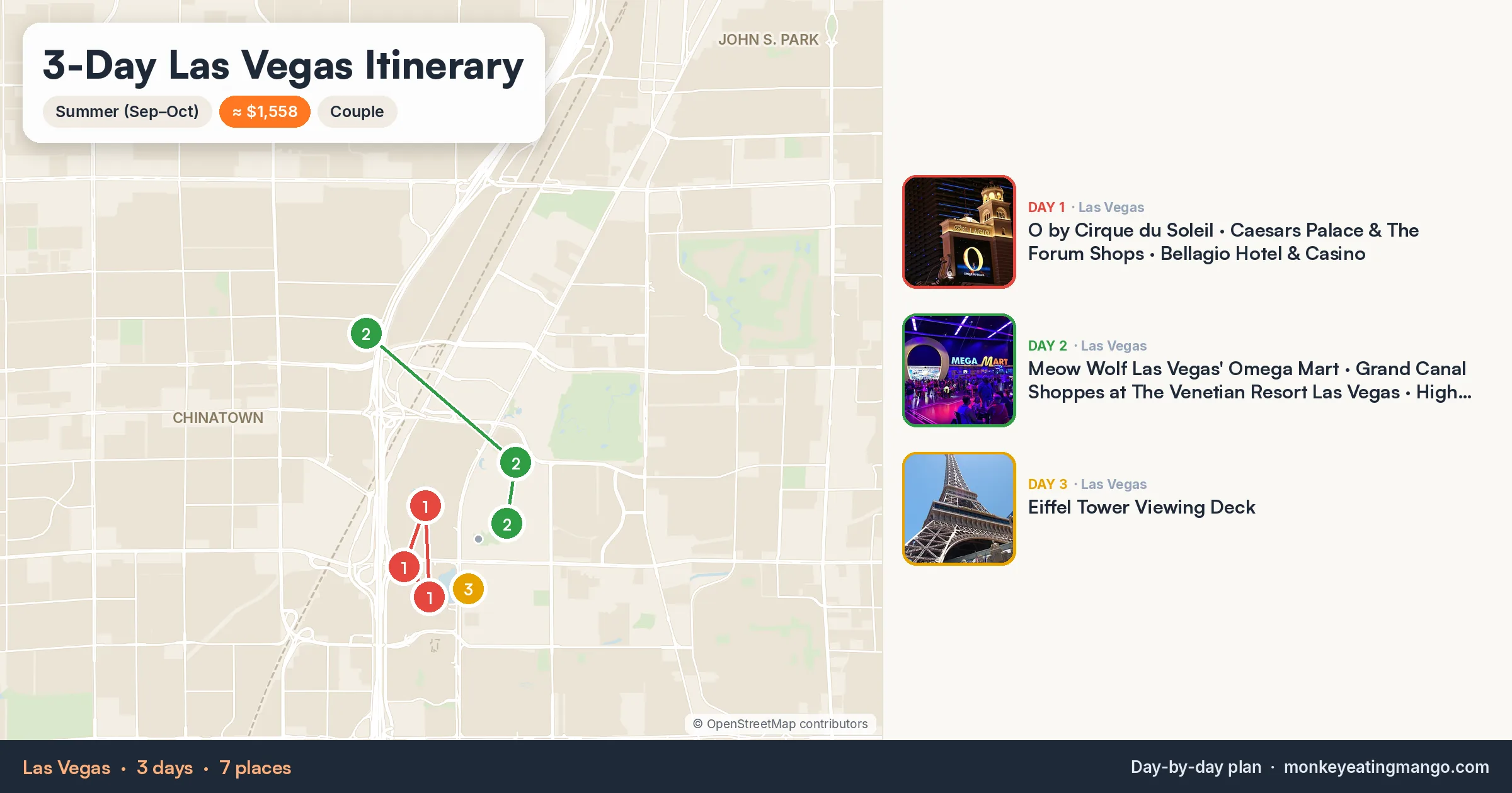 3-day Las Vegas itinerary map: O by Cirque du Soleil, Meow Wolf Las Vegas' Omega Mart, Eiffel Tower Viewing Deck