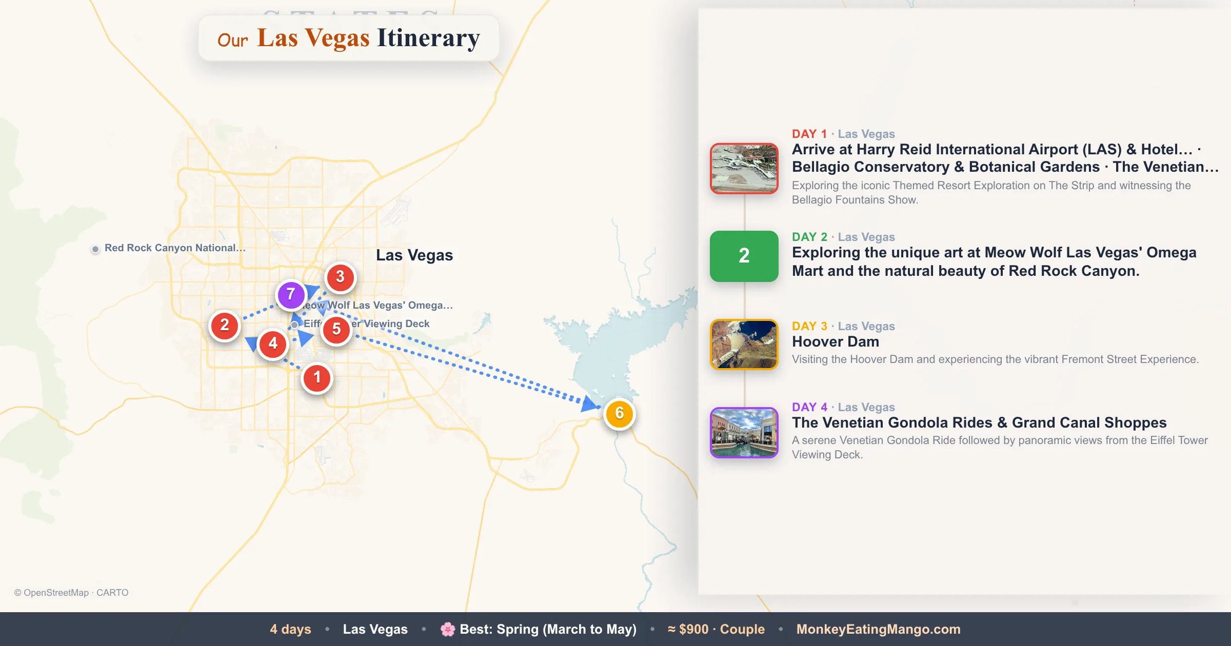 4-day Las Vegas itinerary map: Arrive at Harry Reid International Airport (LAS) & Hotel…, Hoover Dam, The Venetian Gondola Rides & Grand Canal Shoppes