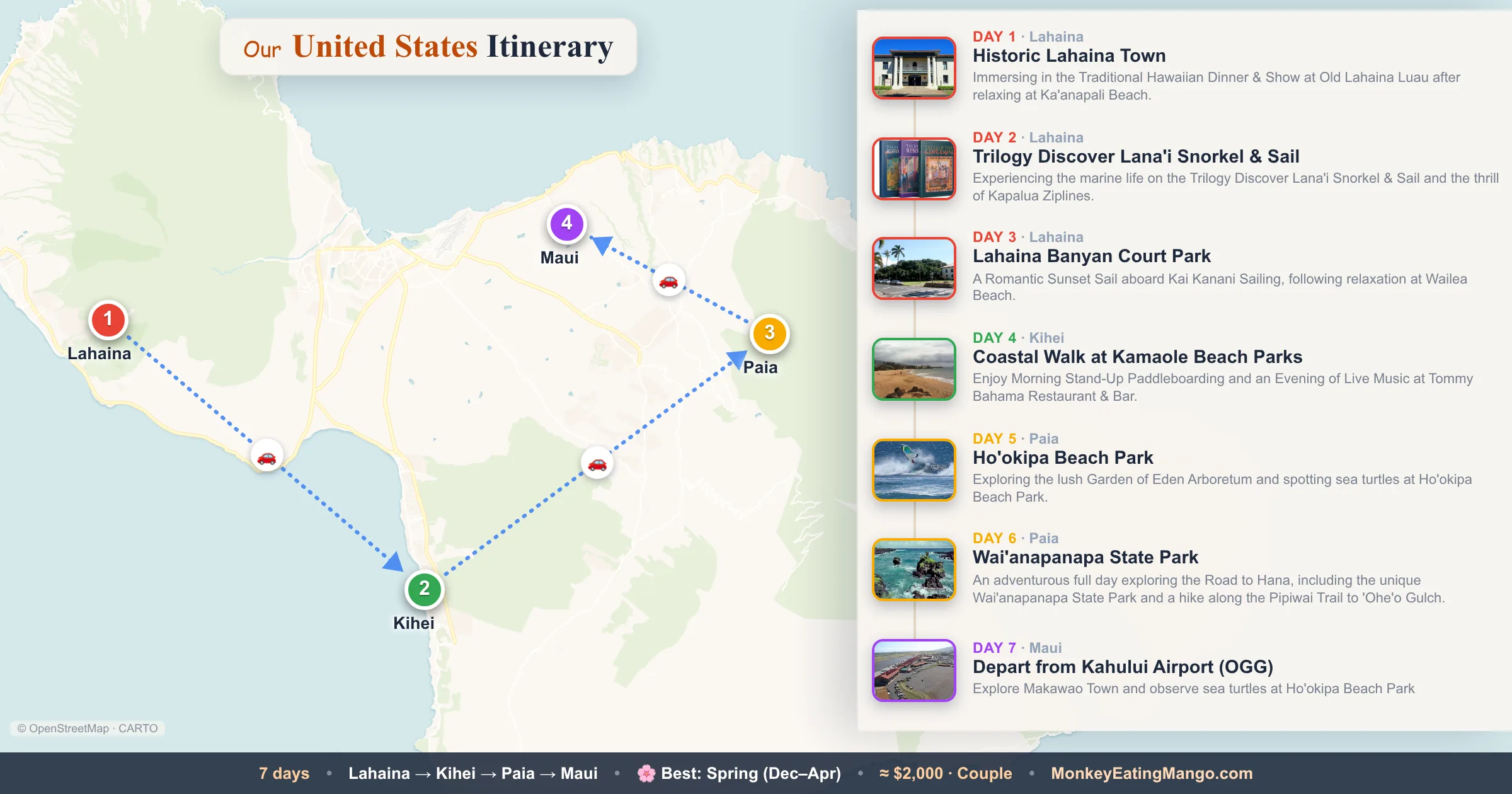 7-day United States itinerary map: Historic Lahaina Town, Trilogy Discover Lana'i Snorkel & Sail, Lahaina Banyan Court Park