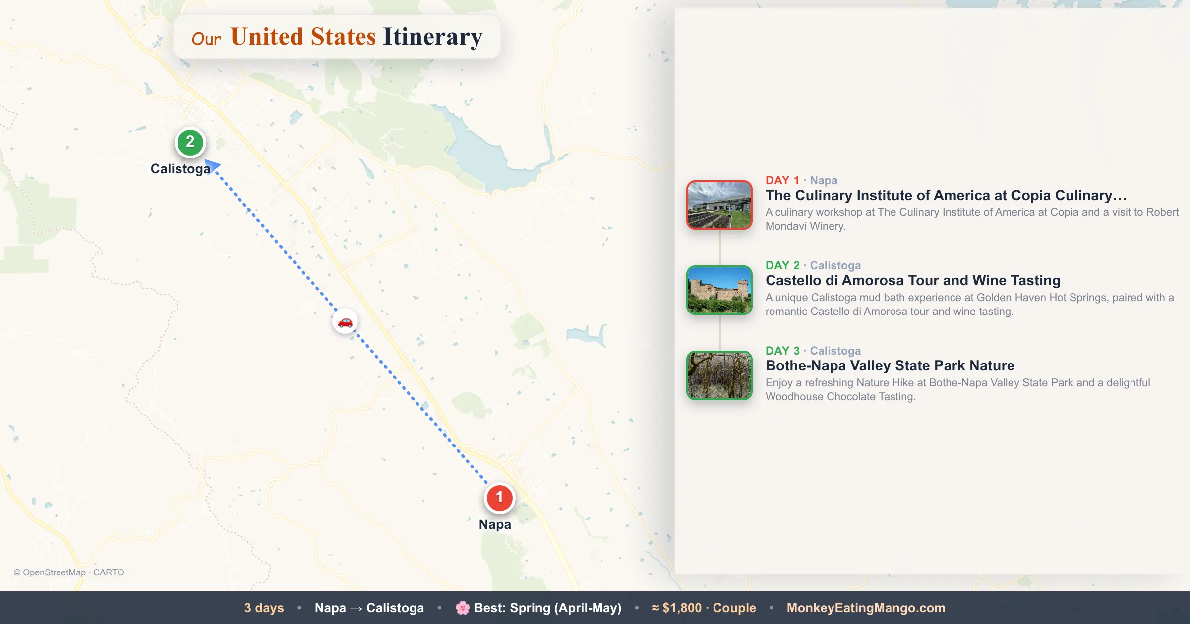 3-day United States itinerary map: The Culinary Institute of America at Copia Culinary…, Castello di Amorosa Tour and Wine Tasting, Bothe-Napa Valley State Park