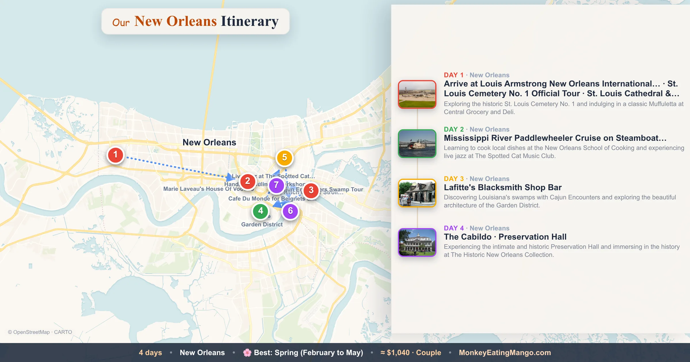4-day New Orleans itinerary map: Arrive at Louis Armstrong New Orleans International…, Mississippi River Paddlewheeler Cruise on Steamboat…, Lafitte's Blacksmit