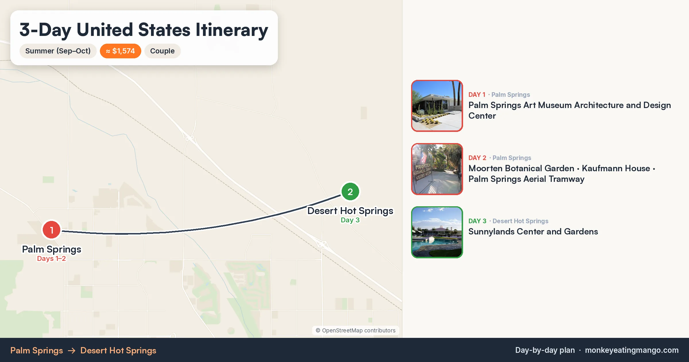 3-day United States itinerary map: Palm Springs Art Museum Architecture and Design Center, Moorten Botanical Garden, Kaufmann House