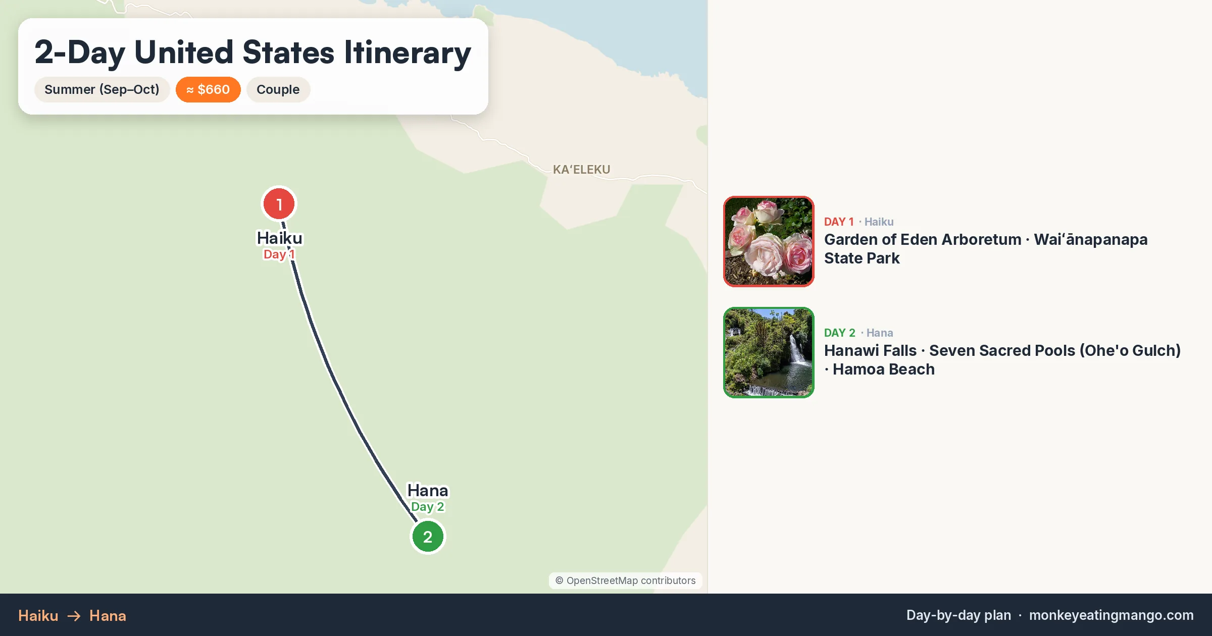 2-day United States itinerary map: Garden of Eden Arboretum, Waiʻānapanapa State Park, Hanawi Falls