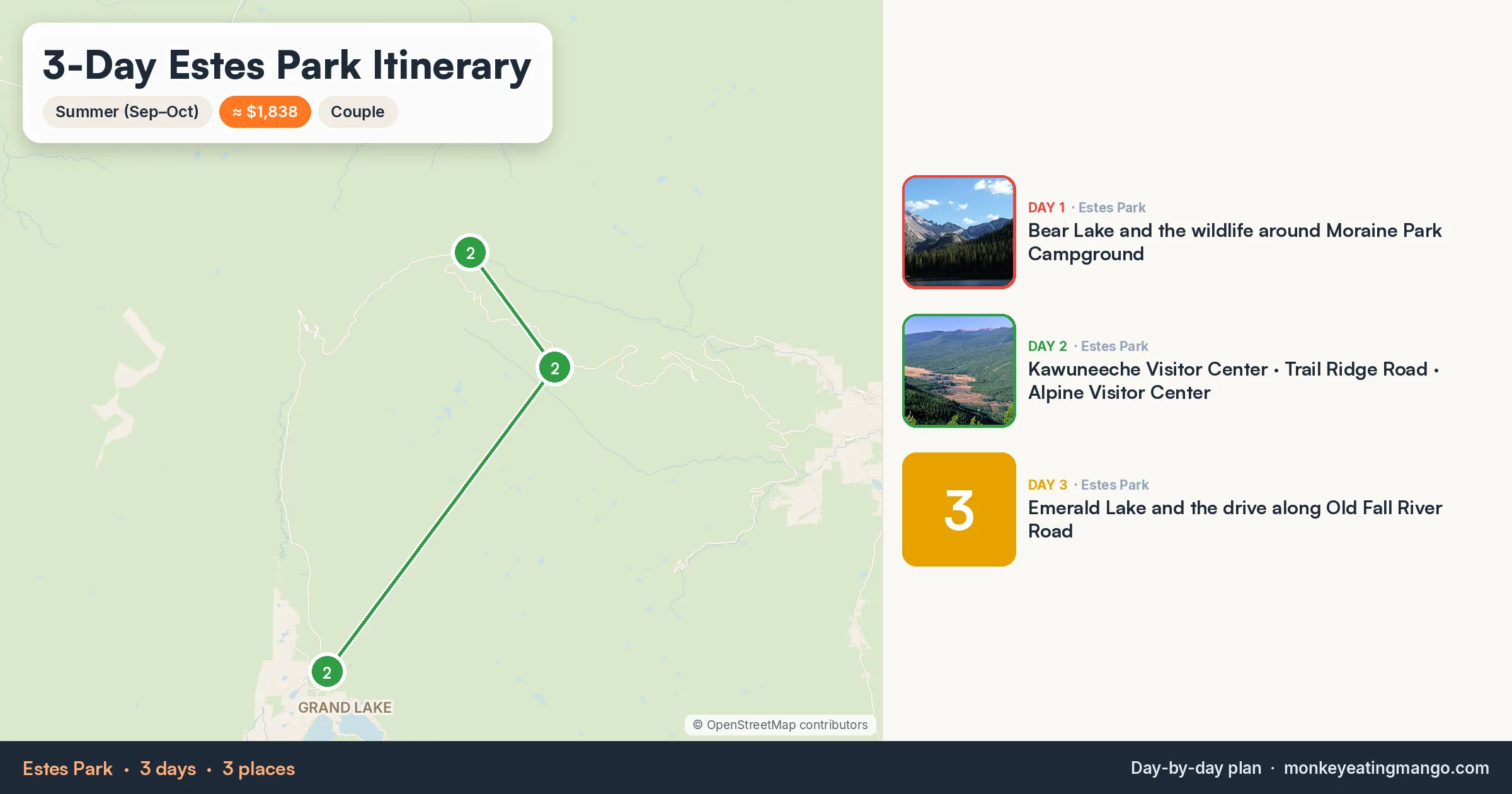 3-day Estes Park itinerary map: Kawuneeche Visitor Center, Trail Ridge Road, Alpine Visitor Center