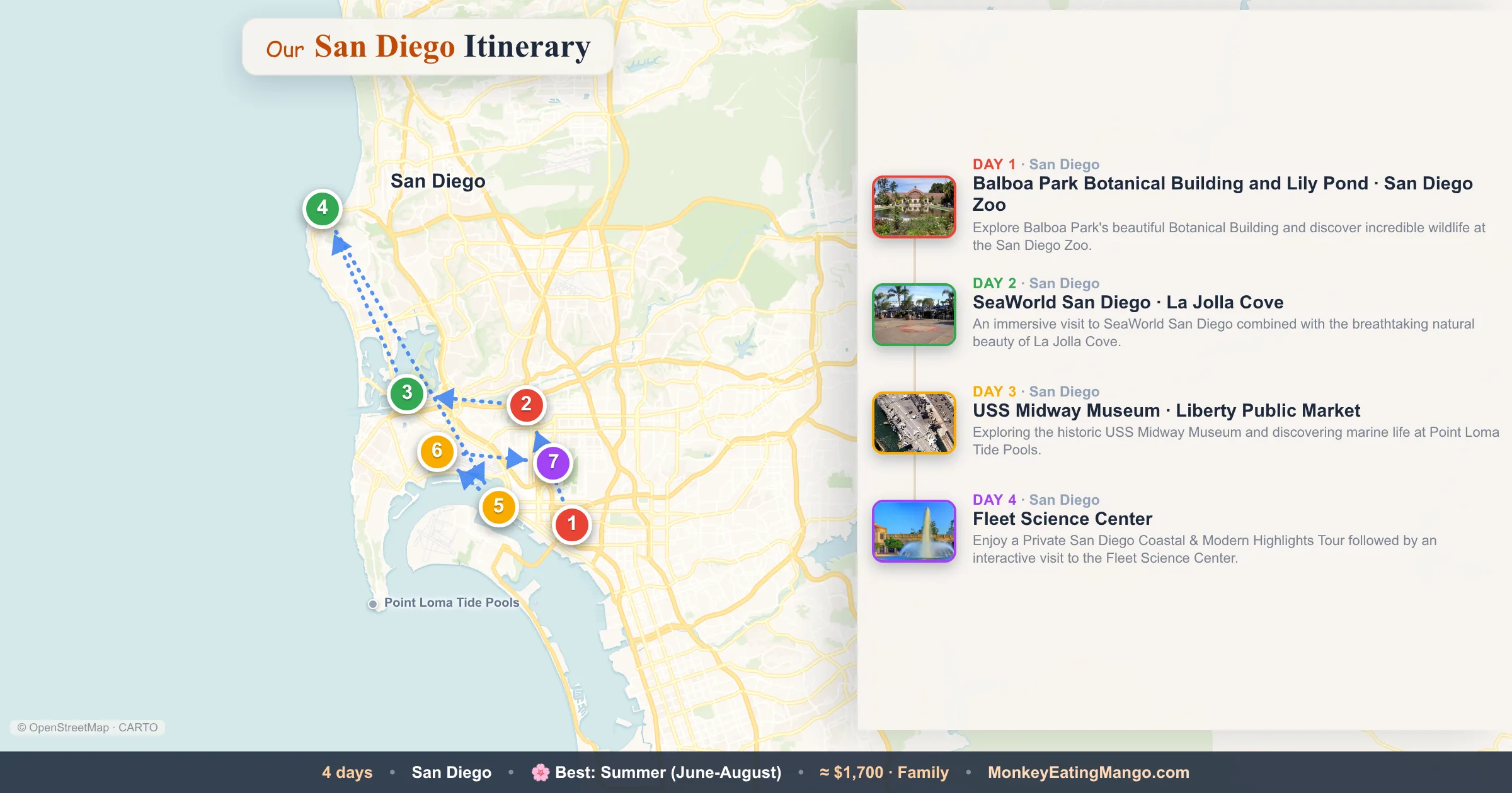 4-day San Diego itinerary map: Balboa Park Botanical Building and Lily Pond, SeaWorld San Diego, USS Midway Museum