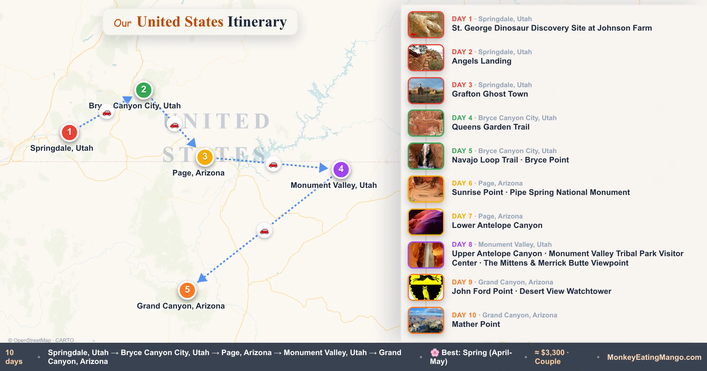 10-day United States itinerary map: St. George Dinosaur Discovery Site at Johnson Farm, Angels Landing, Grafton Ghost Town