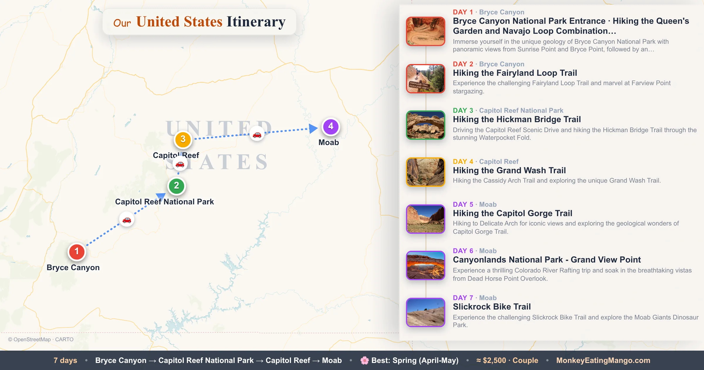 7-day United States itinerary map: Bryce Canyon National Park Entrance, Hiking the Fairyland Loop Trail, Hiking the Queen's Garden and Navajo Loop Combination…